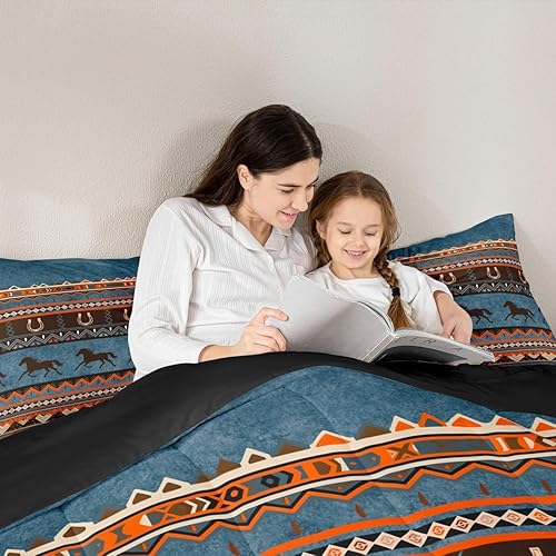 Miniatura 6 de Juego de edredón occidental tamaño individual, juego de edredón de vaquero, caballo azteca, para niños y adultos, vaquera del suroeste de nativos