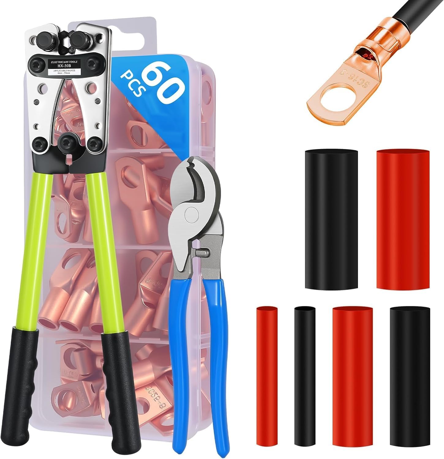 Battery Cable Lug Crimping Tool with 60pcs Copper battery terminal connectors,60pcs Dual Wall Adhesive Heat Shrink Tubing,Wire Crimper Tool for AWG 10-1/0 battery Cable Ends Crimper with Cable Cutter