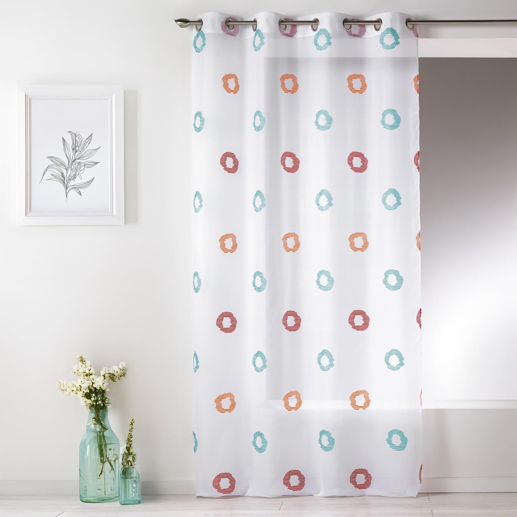 Homemaison - Lightweight Muslin Net Curtain with Circle Print - Polyester - Round Silver Eyelets Ø 4 cm - Ready to Hang - Living Room Bedroom - 150 x 240 cm - Turquoise