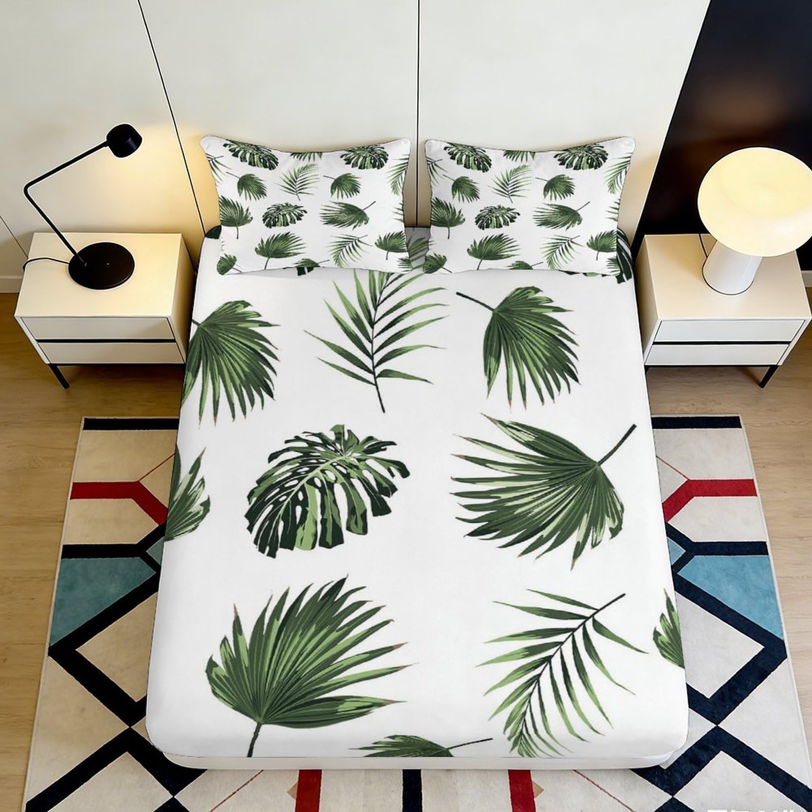 3D Printed Tropical Palm Leaves Fitted Sheet Microfiber Soft Green Monstera Mattress Cover for Bedroom Guest Room 90x200x25cm