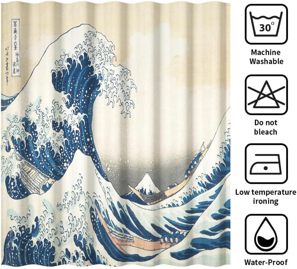 69x70 Inch Japanese Anime Shower Curtain for Bathroom The Great Wave of Kanagawa Modern Blue Ink Painting Bathroom Set Decorations Watercolor Waterproof Polyester Fabric with Hooks
