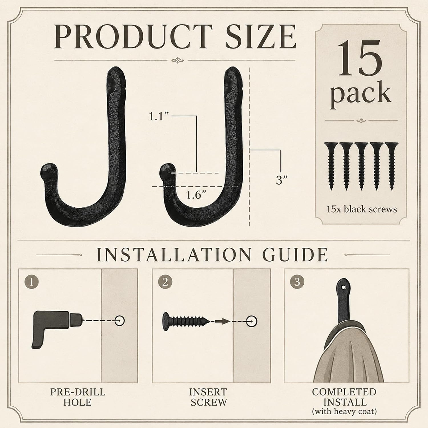 15 Pack Railroad Spike Cast Iron Hooks Rustic Black Vintage Coat Hanger Wall Mounted Multiuse Towel Bag Hat Hanger Farmhouse Decorative Hook for Home DIY Coats Bags Pots, 3 Inch(Classic Style)