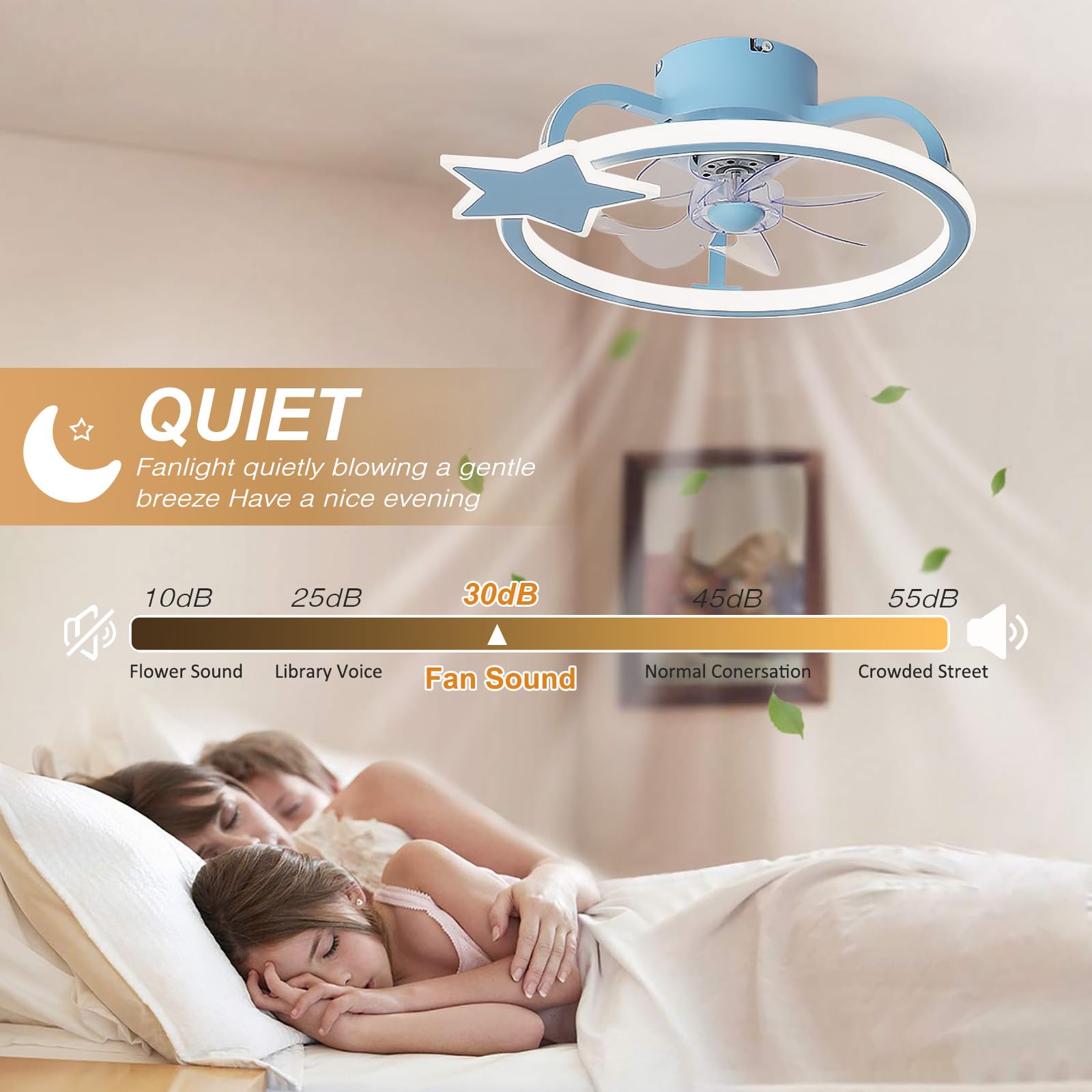 Ventilador De Techo niño Con Luz Y Mando Moderno Silencioso Lampara Ventilador Techo LED Regulable Verano Invierno Función 6 Velocidades Reversible Lámpara De Ventilador Para Dormitorio,Azul