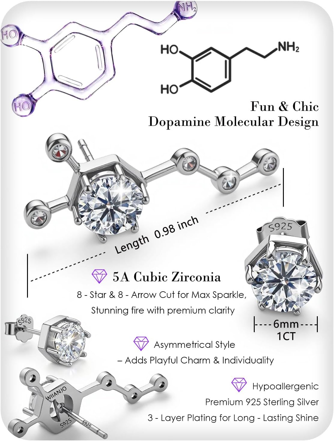 Sterling Silver Dopamine Molecular Formula Climber Earrings Molecule Design Science Earrings Hypoallergenic Cubic Zirconia Asymmetrical Studs for Gift