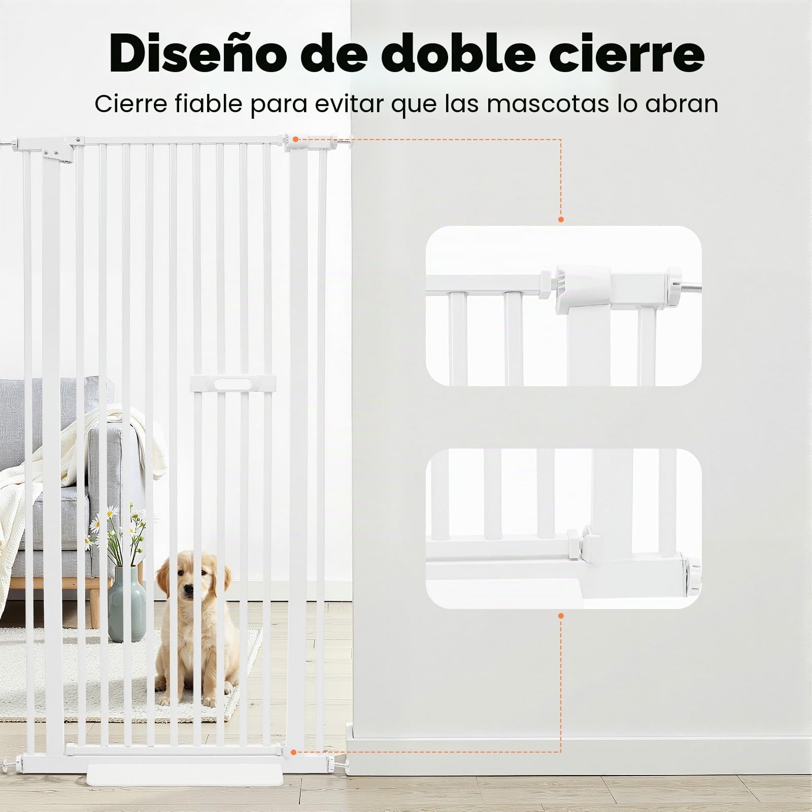 Rejilla para mascotas extra alta 150 cm con doble cierre, puerta para gatos y distancia entre barras de acero al carbono de 3,5 cm, sin taladrar, ancho ajustable para escaleras/puertas, cierre