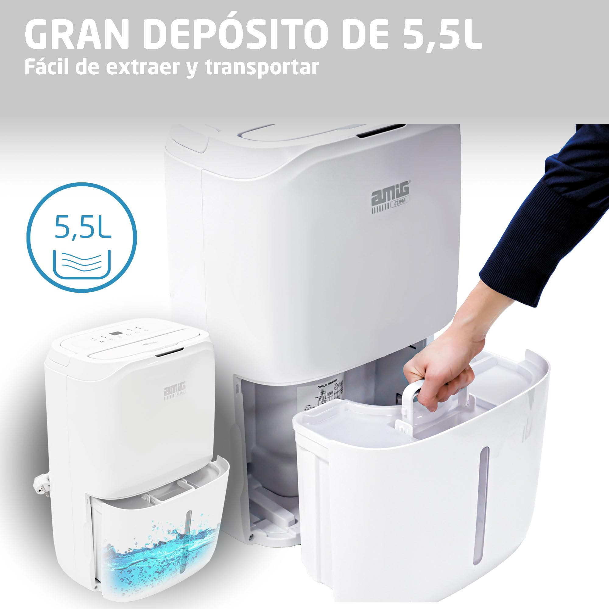Amig Osuszacz MIST - Pojemność 16 l/dzień - Regulacja wilgotności i timer - Zdejmowany zbiornik na wodę 5,5L - 36x28x56 cm - 210W - Pokrycie 150m³/h - Cichy 39 dB - Suszenie w suszarce