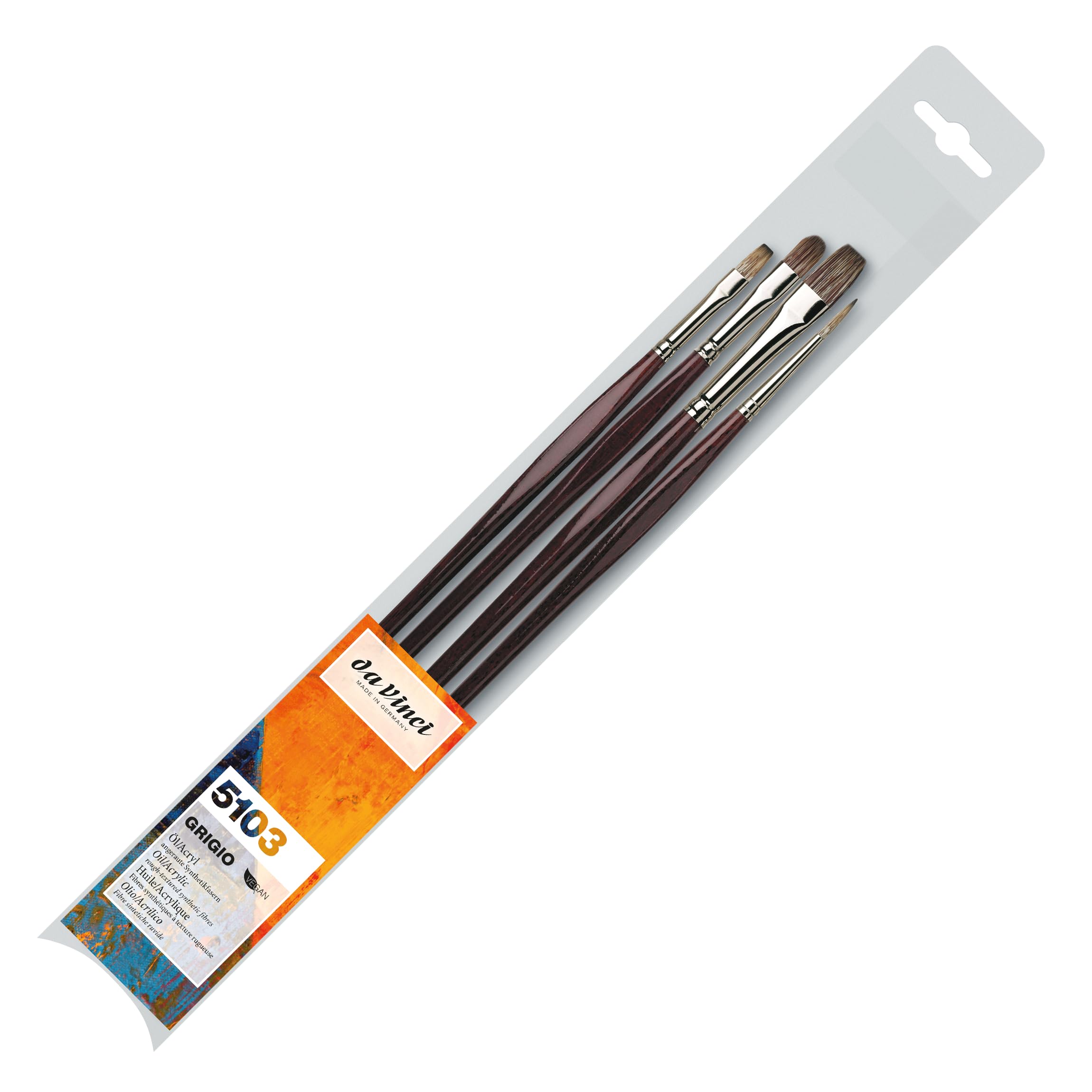 da Vinci, Grigio, Pinsel-Set, aufgeraute Synthetikfasern, Lange bordeauxfarbene Stiele, Acryl & Öl, Leinwand & Holz, Firnissen & Grundieren, Vegan, Made in Germany, Flach, Rund & Katzenauge, Größe 0