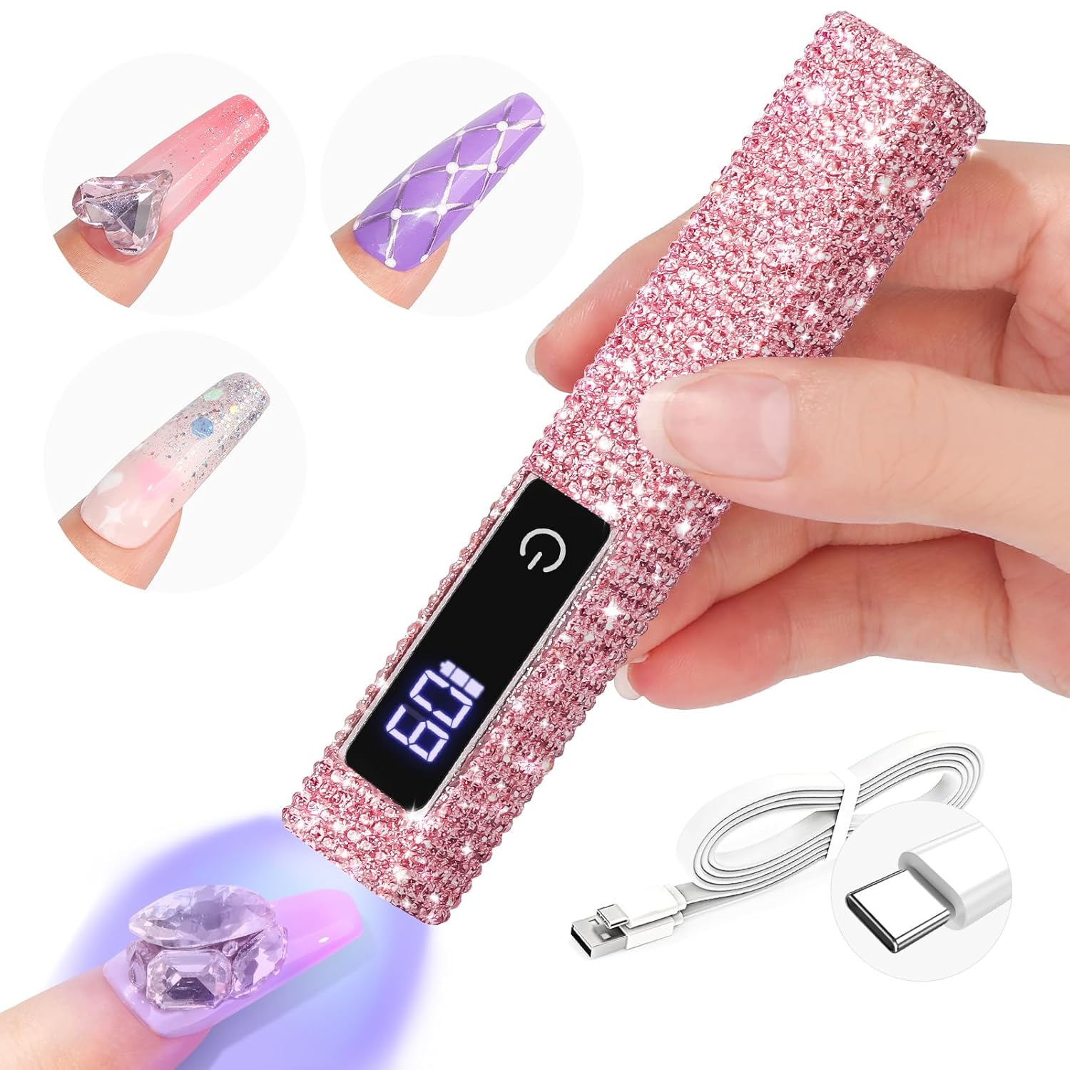 SAVILAND Glitter U V Light for Gel Nails: Pink 12W LCD Screen Handheld U V Nail Lamp 8X-Faster Cure LED Lamp Flash Cure Light for Gel Nails Cordless Nail Dryer Mini U V Light for Home Salon Use