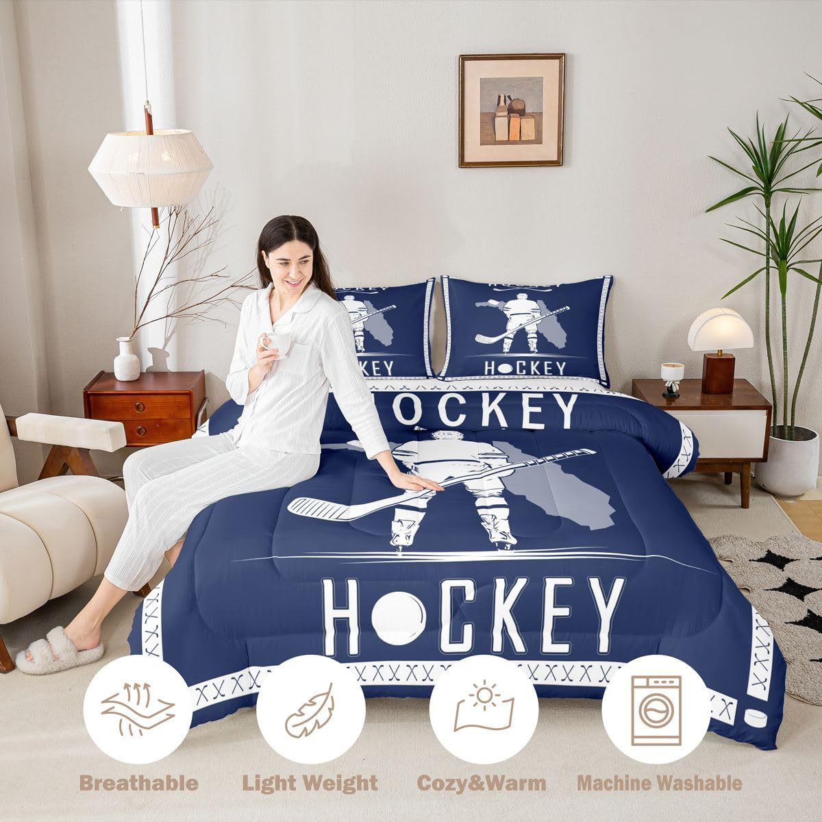 Feelyou Ice Hockey Comforter Set Ice Hockey City Bedding Set Queen Size Gifts for Men Women Boy Lacrosse Duvet Quilt Winter Sports Duvet Modern Fashion Bedroom Decor