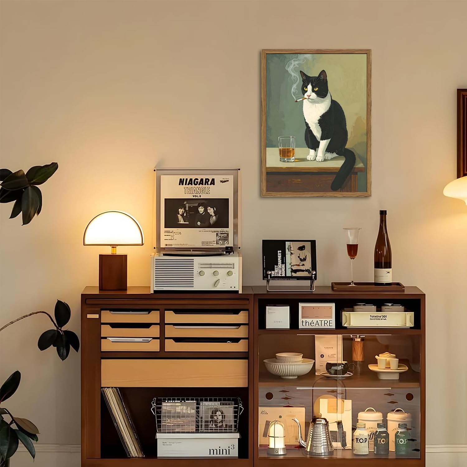Funny Smoking Cat Wall Art Cute Black and White Tuxedo Cat with Cigarette Wall Decor Painting Vintage Animal Bar Poster Canvas Picture Print for Living Room Bedroom 12x16 inch Wood Framed