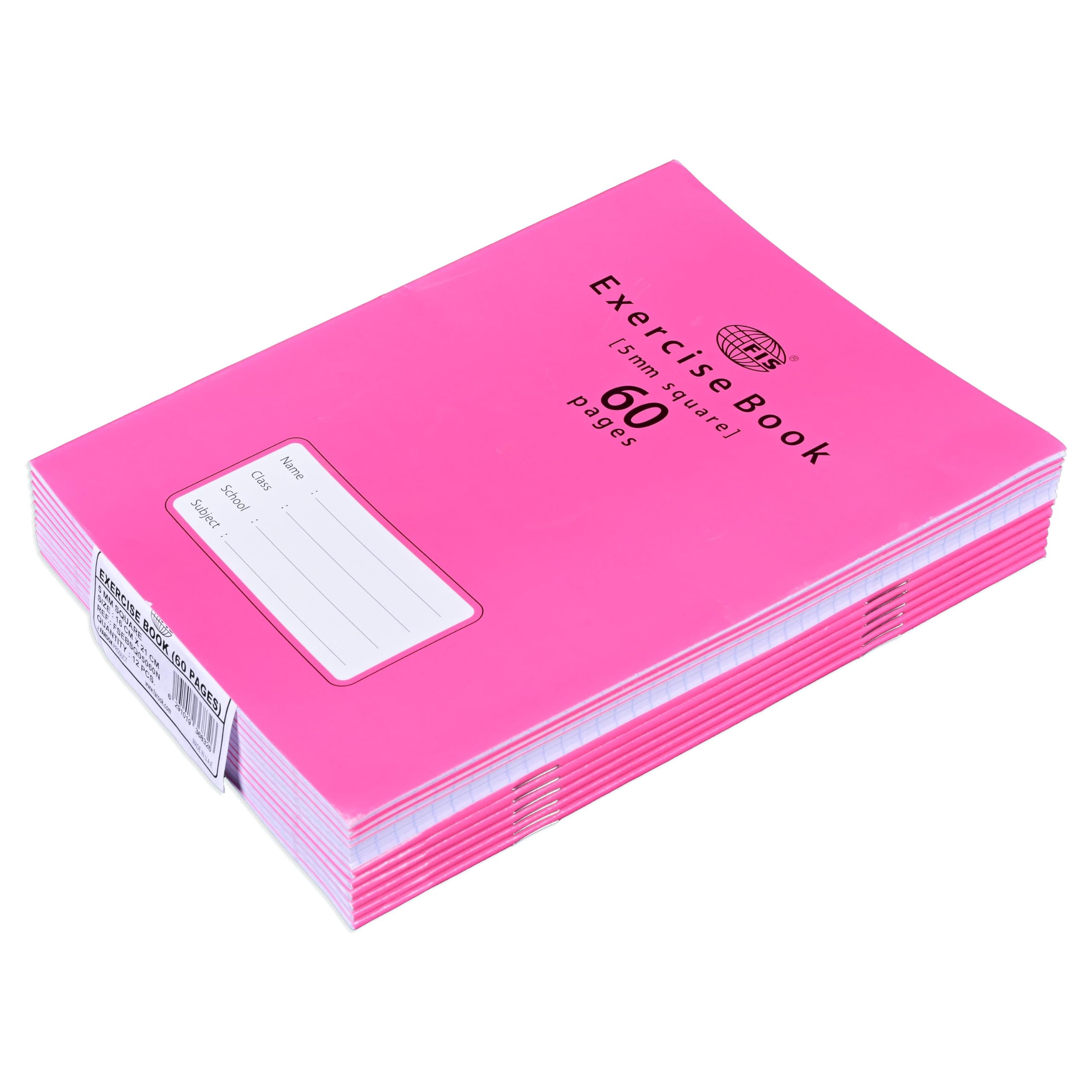 FIS® Exercise Books, Size 16.5x21cm, 60 Pages, 5mm Square Grid Lines with Left Margin, Packet of 12 Pieces, Neon Pink Color- FSEBSQ05060N