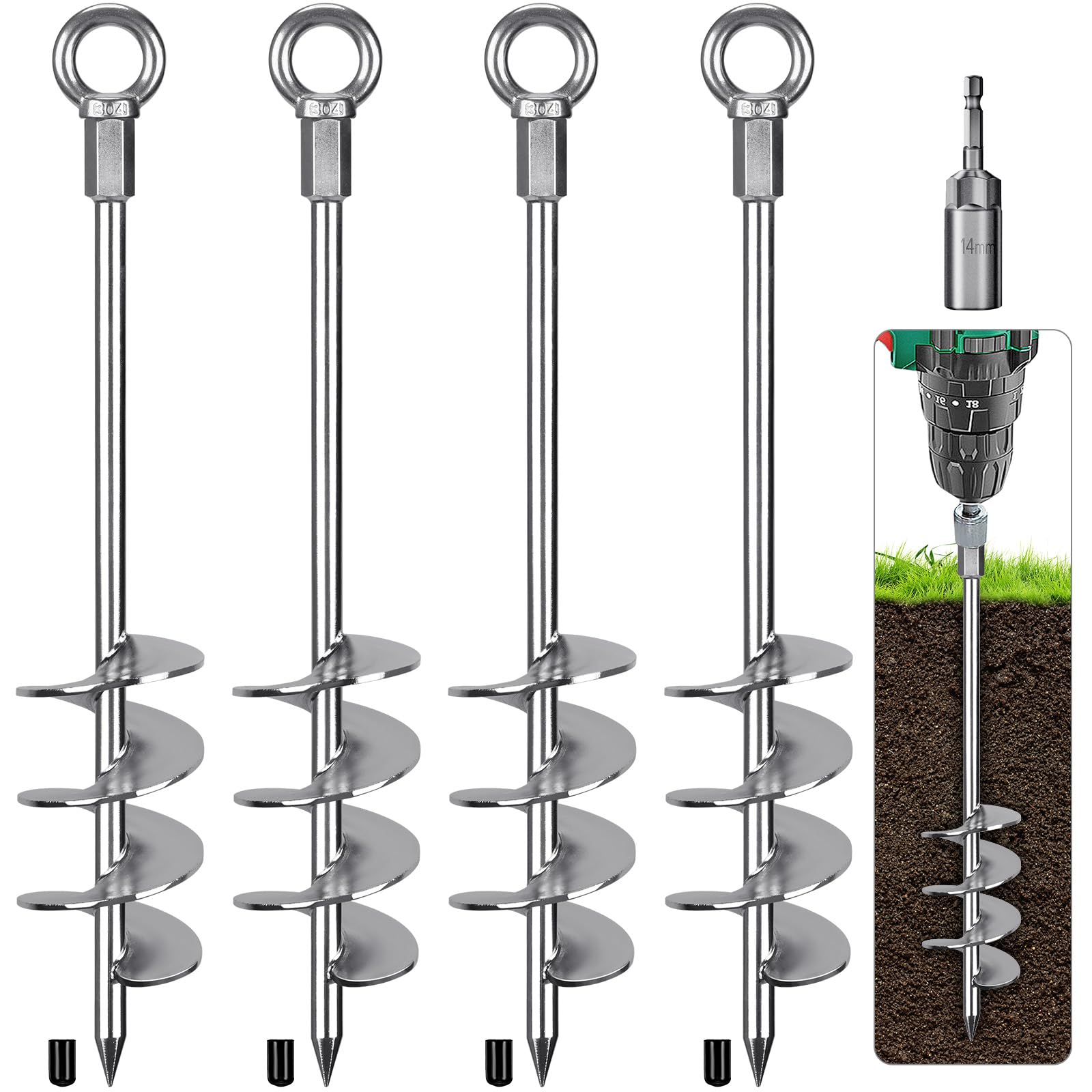 BeneLabel Zeltheringe Erdanker Bodenanker, 47cm Schwerlast Trampolin Schraubheringe 4er Groß Sand Erdnägel Spirale Windsturm Spike für Schaukel/Camping/Schuppen/Hund/Carport mit Fester Öse, Silber