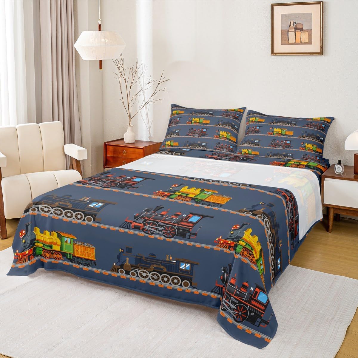 Castle Fairy Train Toddler Sheet Set Queen Size,Cartoon Trains on Railway Bedding Sets for Youth Young Man Room Decor,Vintage Car Kids Boys Girls Fitted + Flat Sheet,2 Pillowcases