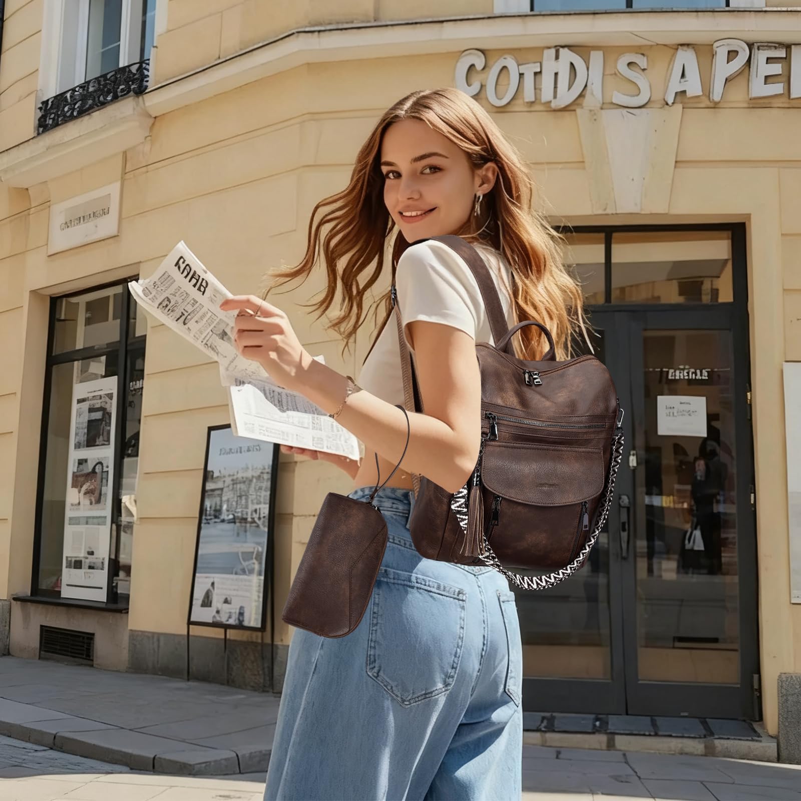 Leathario Mochila de Cuero Vegano Impermeable y Antirrobo para Mujer, Elegante Mochila para Portátil, Oficina, Universidad y Viaje, Negro Carbón