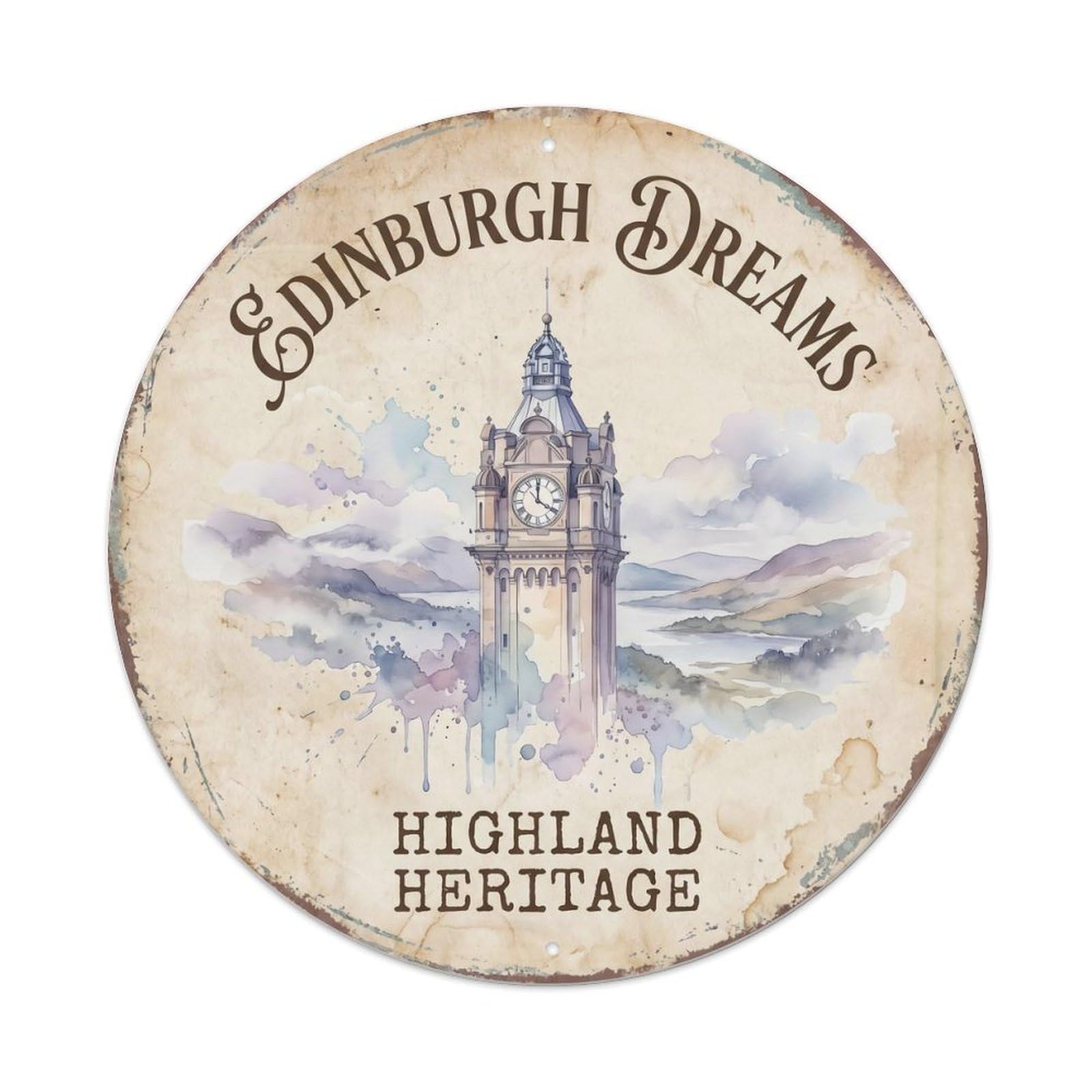 Vintage Travel Edinburgh Tower Scotland Metal Tin Sign Plaque Wall Decor for Cafe, Club, Garden Round Metal Poster 8x8Inch