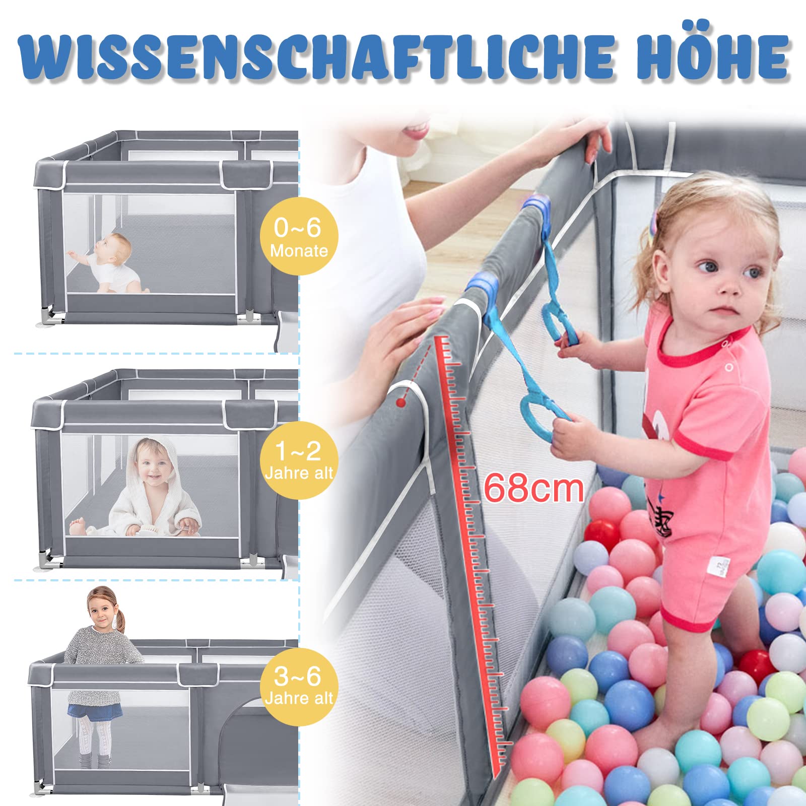 ACXIN Parque infantil de 150 x 180 x 68 cm con base antideslizante y red transpirable, rejilla de barrera estable, centro de actividades para niños, gris