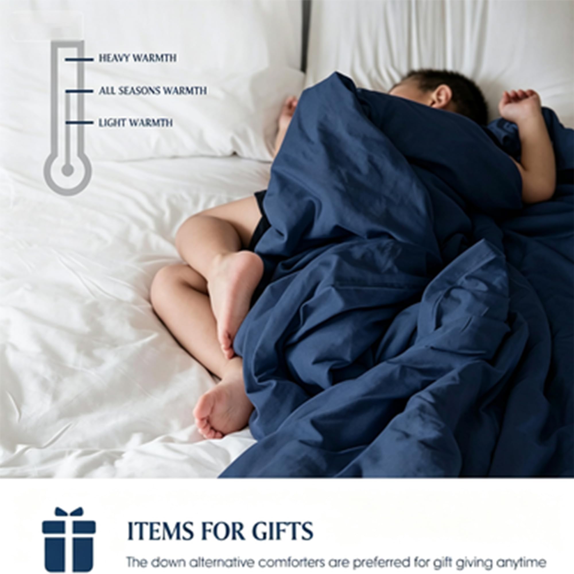 Condition photo showing As Is for color is white blue ridge home fashions all season comforter full/queen size, gentlesoft down alternative duvet insert, breathable quilt bed comforter for adult/students machine washable blanket, navy/light blue