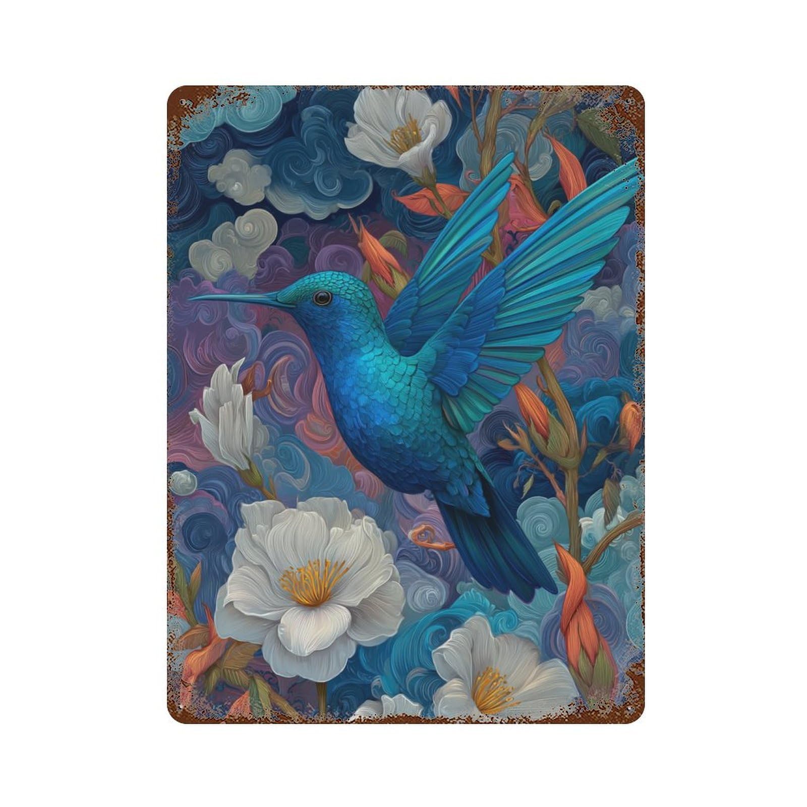 Rusty Metal Tin Sign Blue Hummingbird in Flowers -1 15.7"x11.8", Vintage Wall Decor for Shed, Workshop And Garage Wall Decor
