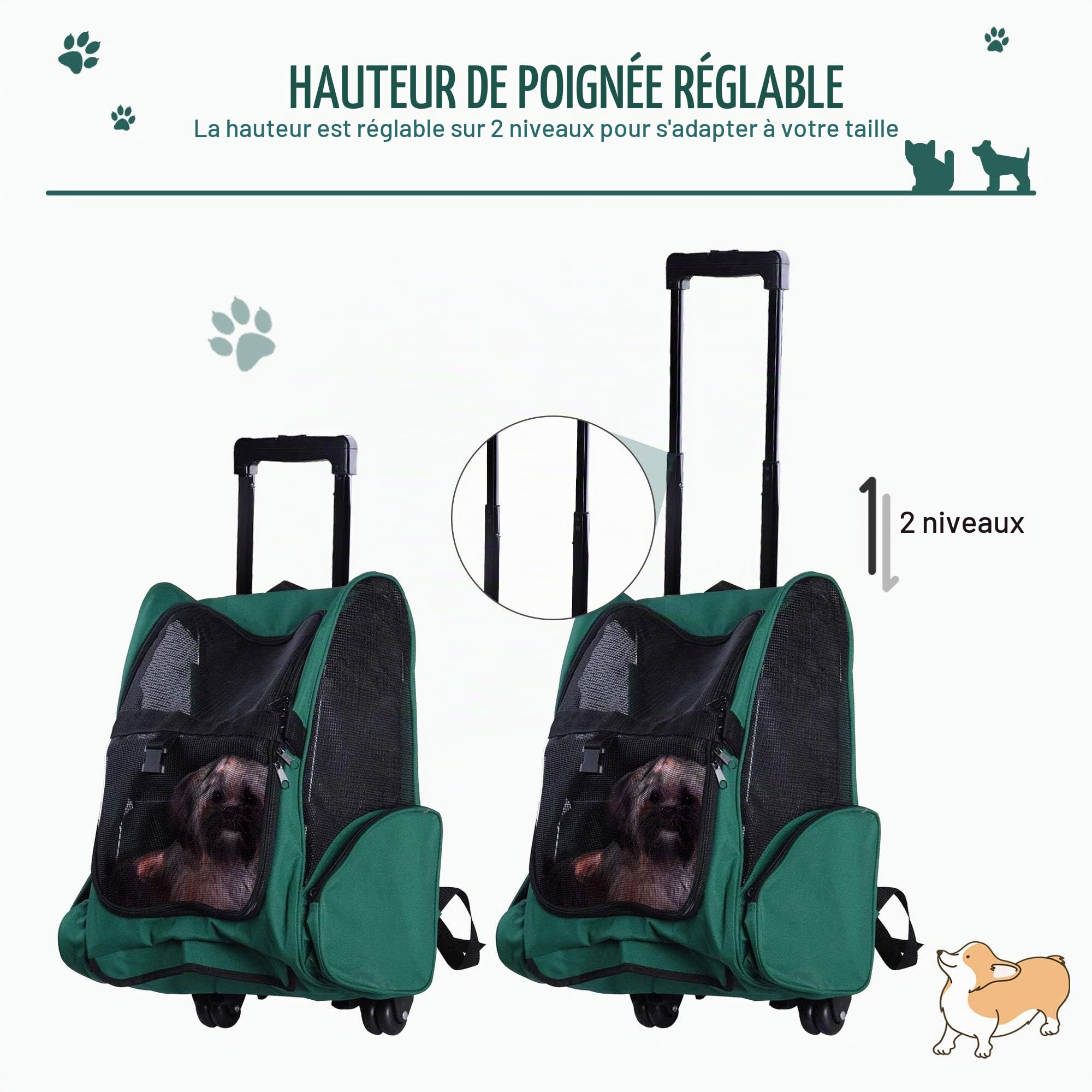 PawHut Sac à dos 2-en-1 pour animaux avec roulettes 42x25x55cm Vert