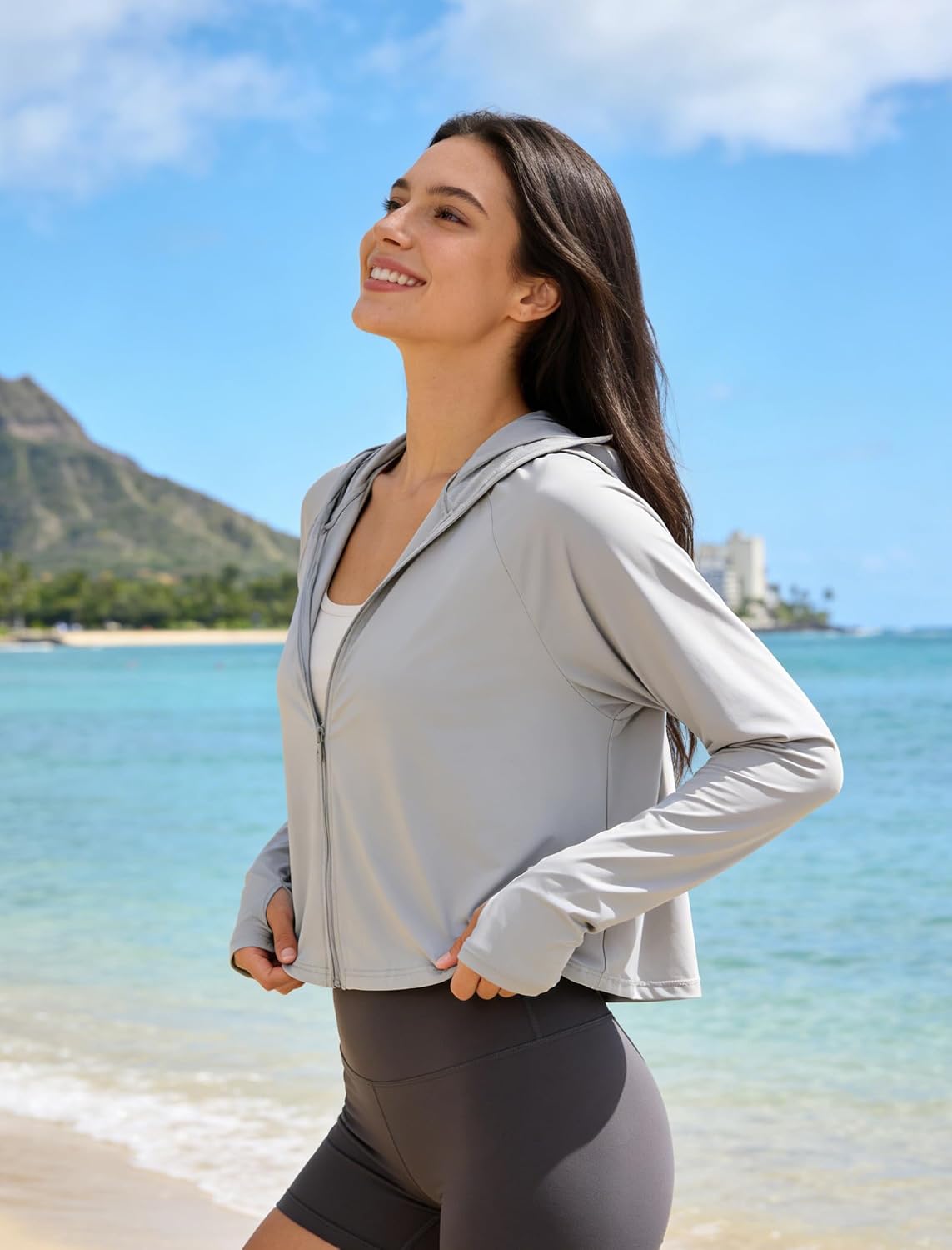 Women's UPF 50+ Sun Protection Crop Top Hoodie - Quick Dry Swim Cover Up with Thumb Holes & Ponytail Port