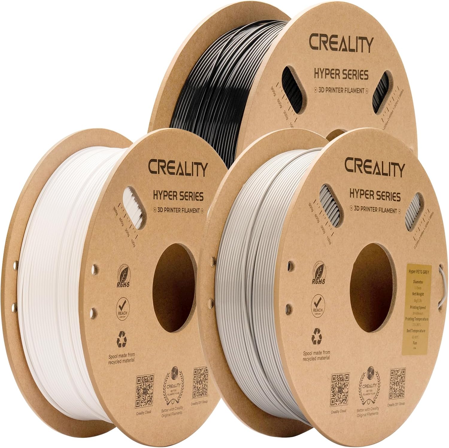 Creality ABS Filament 1.75mm Bundle 3KG for Ender 3 V3 Plus, 3D Printer Hpyer ABS Filament Bundle for High Speed 350mm/s, Dimensional Accuracy ± 0.05 mm, Black+White+Grey