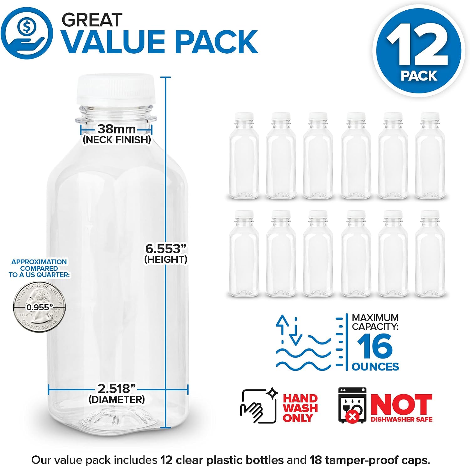 Juice Bottles with Caps for Juicing & Smoothies, Reusable Clear Empty Plastic Bottles with Caps, 16 Ounce Drink Containers for Mini Fridge, Juicer Shots, Small Water Bottles Bulk 16 oz (12 Pack)