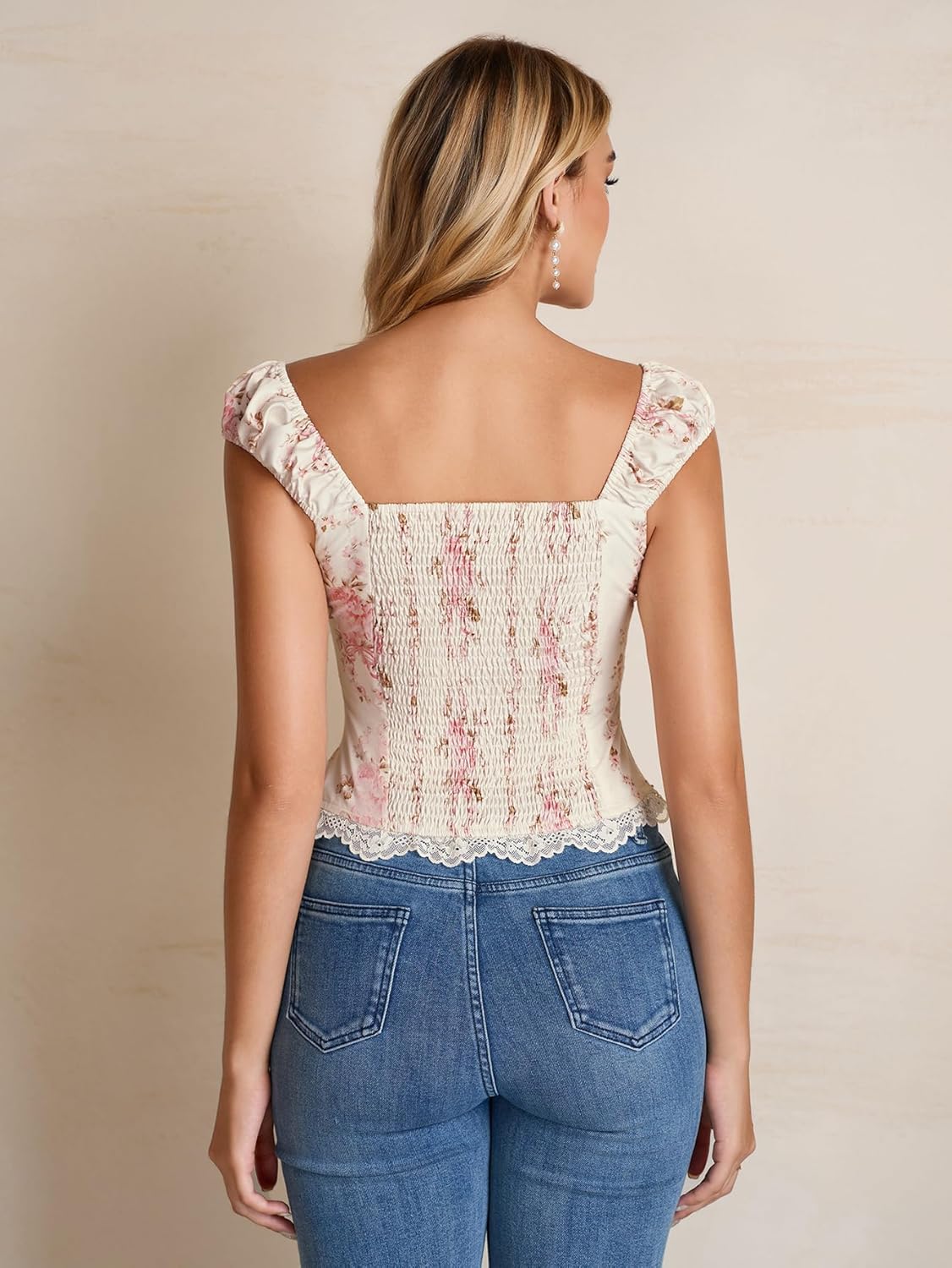 KUTUMAI Floral Lace Corset Top Y2k Square Neck Smocked Bustier Going Out Tie Cute Crop Tops for Women Summer