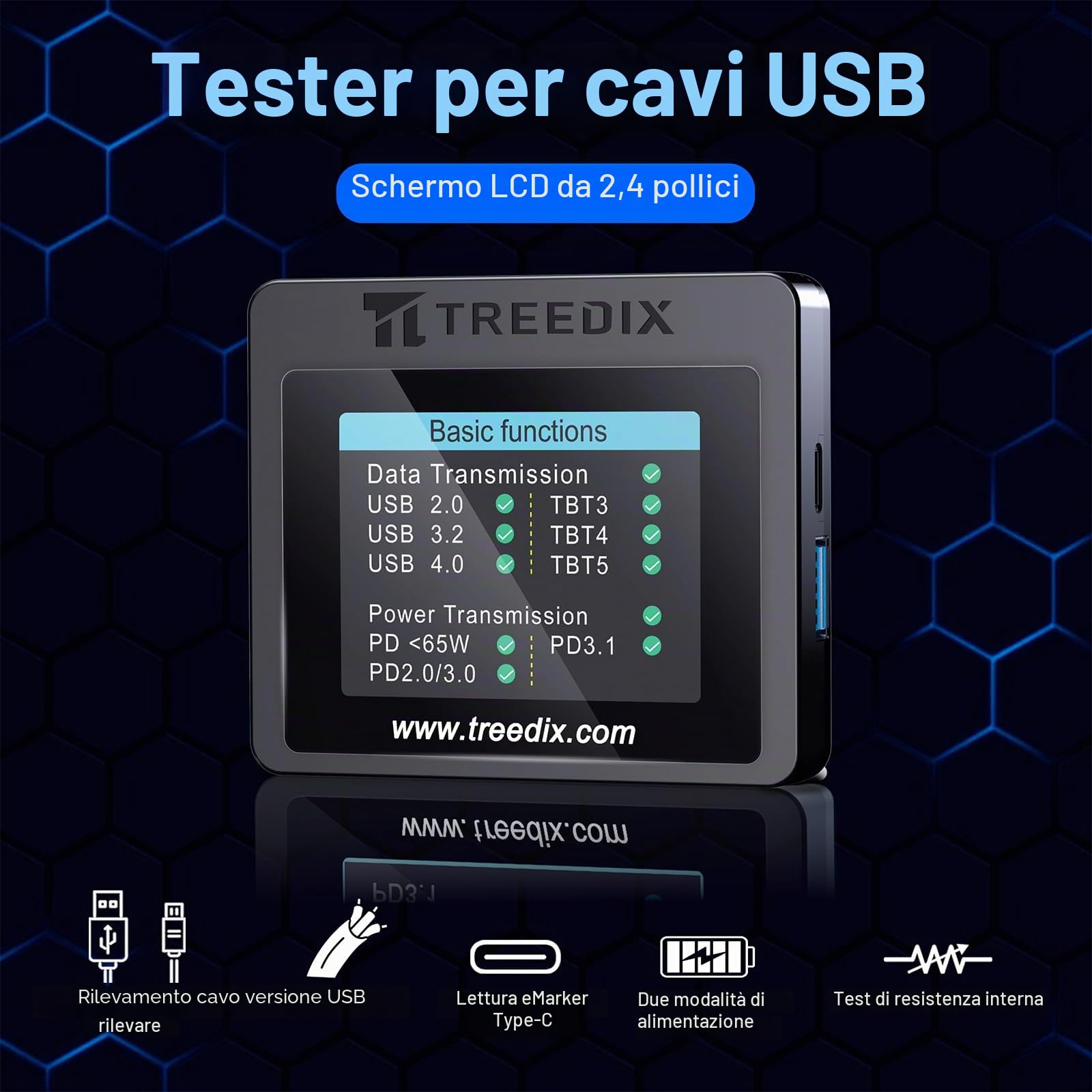 Treedix Tester per cavi USB-C, trasferimento dati e corrente, resistenza, eMarker USB-A, Micro-B 3.0