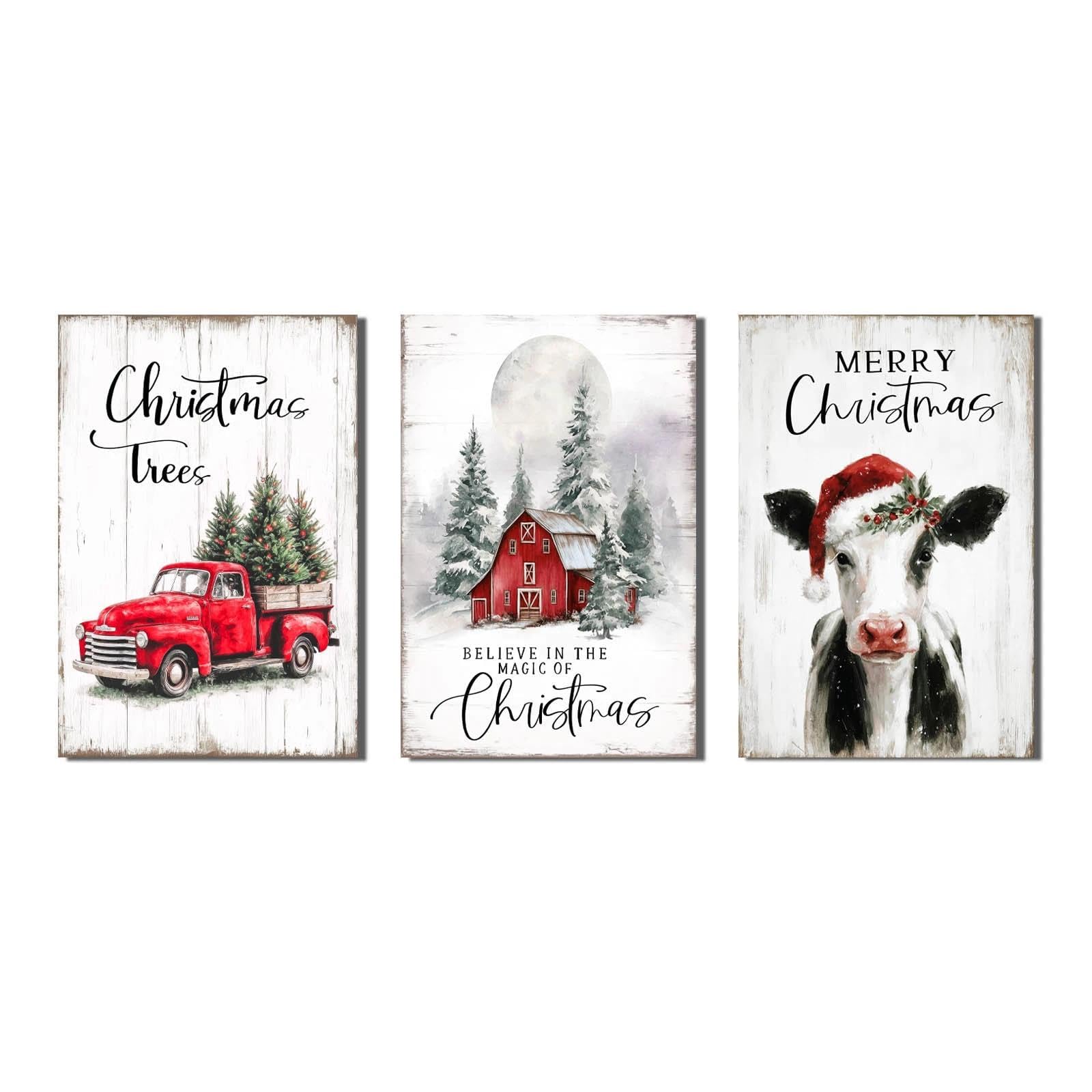 Farmhouse Winter Christmas Pictures Canvas Wall Art, 3 Piece Poster Prints Christmas tree cow Holiday Wall Decor for Kitchen Bathroom Living Room 10"x15"