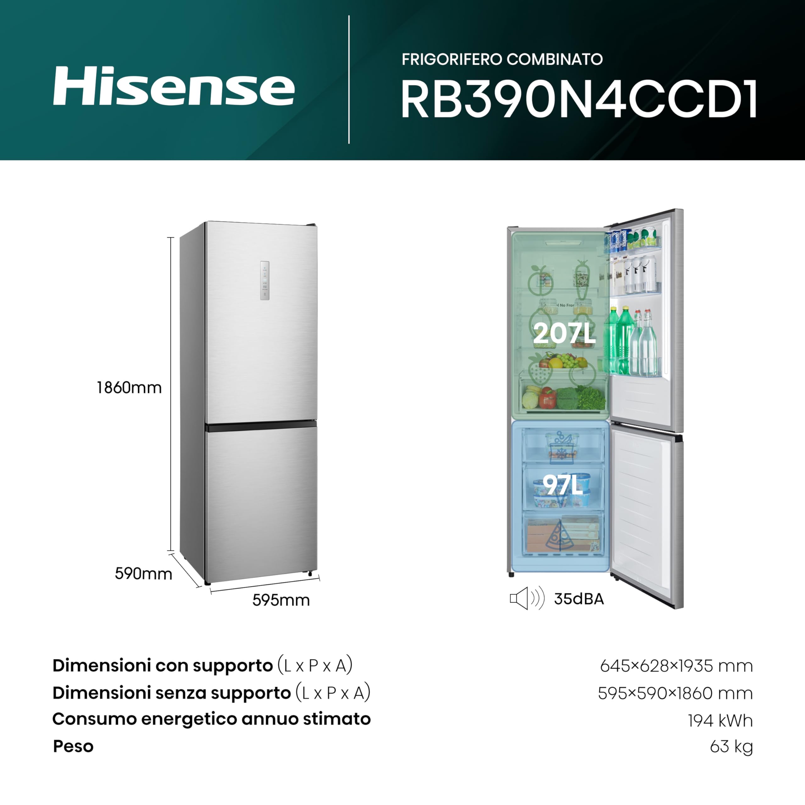Hisense RB390N4CCD1 Frigorifero Combinato Total No Frost, Inox, 1.86x60cm, Classe D, 304L