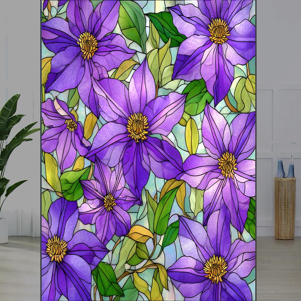 FOCCAFB Natural Bouquet Stained Glass Window Film, Flowers Leaves Botanical Peel and Stick Privacy Film, Frosted Adhesive Vinyl Decorative for Bathroom Windows Glass Doors, （55x120cm）
