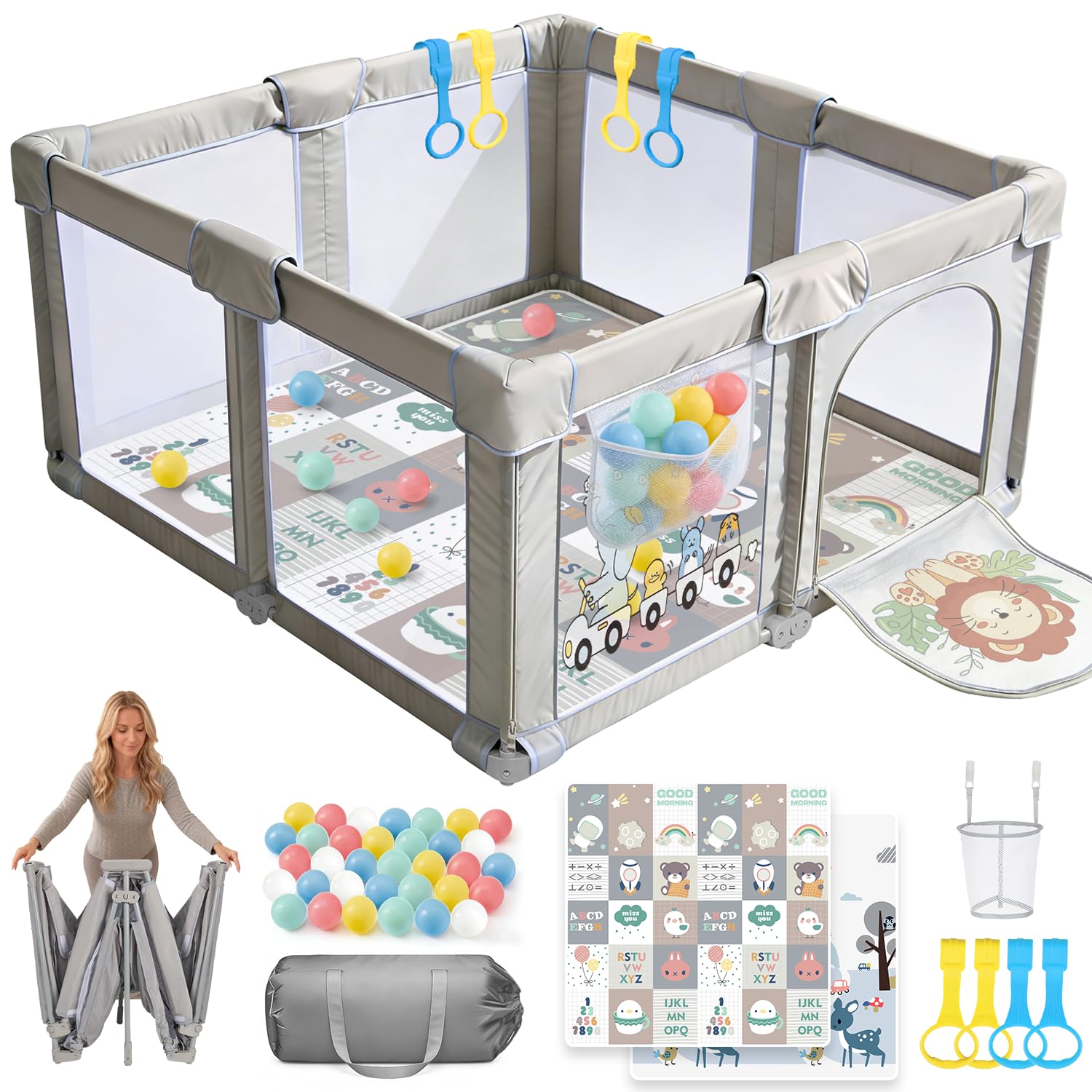Parc Bébé Pliable 150x150x70 avec Tapis, Jusqu'à 40KG, Parc Bebe 360° Filet Respirant, Ventouse Base, Sûr et Portable Centre d'Activités pour Enfants, Adapté Intérieur Extérieur, Lion