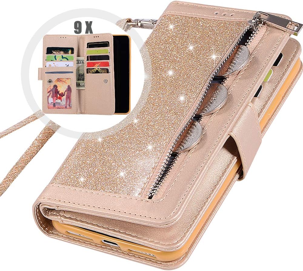 Note 8 Bling Wallet Case with Strap,Auker Folio Flip Leather 9 Card Holder Folding Stand Wallet Case Full Body Protective Glitter Purse Case with Money Pocket for Women Samsung Galaxy Note8 (Gold)