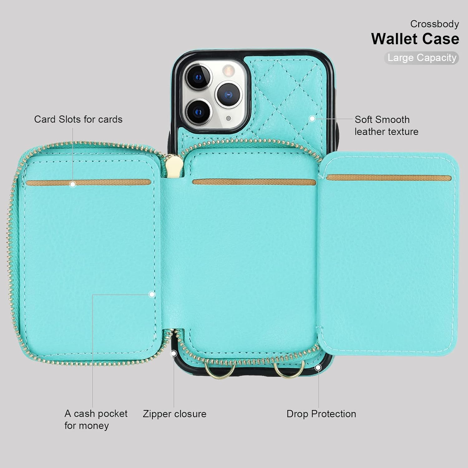Bocasal Crossbody Wallet Case for iPhone 11 Pro, RFID Blocking PU Leather Zipper Handbag Purse Flip Cover, Kickstand Folio Case with Card Slots Holder Wrist Strap Lanyard 5.8 Inch (Mint Green)