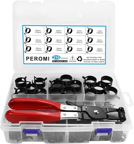 Kit de abrazadera de banda de resorte de acero de 210 piezas (7-25mm) con alicates planos giratorios – Surtido multiusos para línea de combustible,