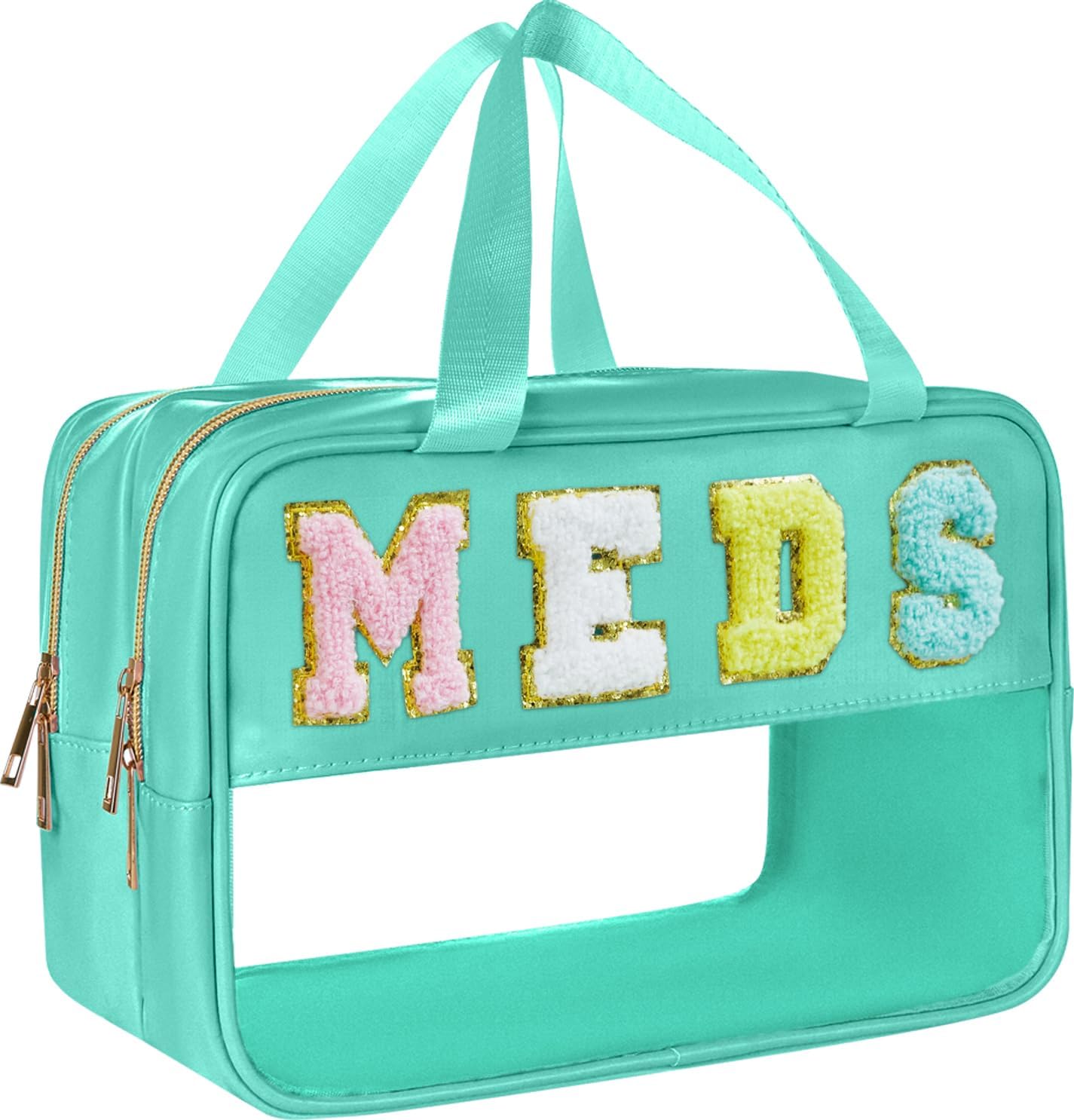 Medicine Bag Chenille Letter Nylon Medicine Bags for Traveling Meds Bag Preppy Patch Makeup Pouch Cosmetic Toiletry Storage Bags for Women (Green-MEDS)