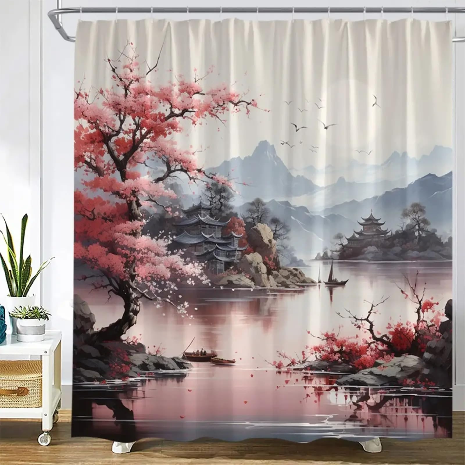 Rideau de douche fleurs roses et lac pour une ambiance spa zen et nature 137x198