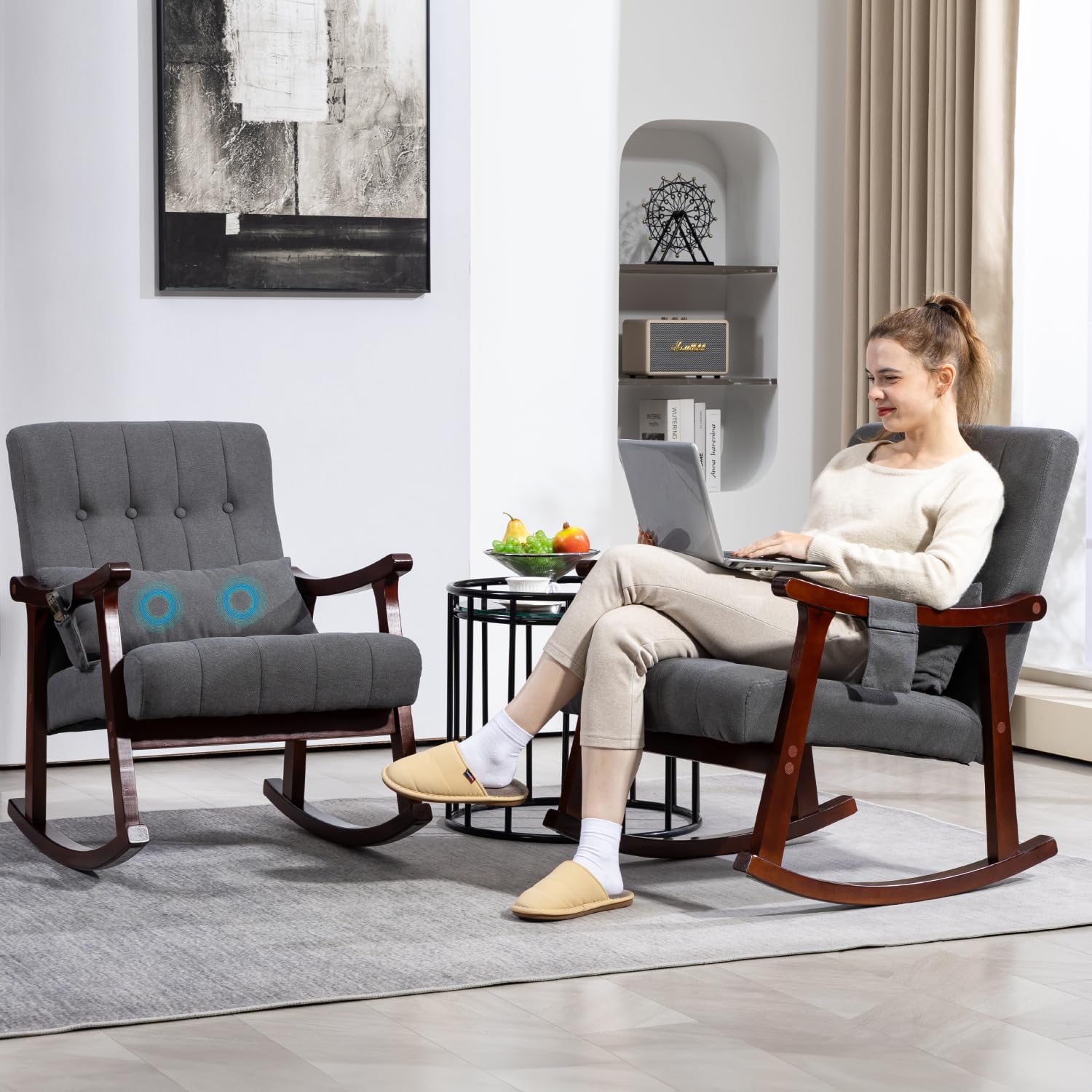 Upholstered Rocking Chair with Massage Lumbar Support,Glider Chair with Side Pocket, Nursery Rocker with High Backrest,Rubber Wood Legs, Rocking Accent Armchair for Living Room Bedroom Nursery
