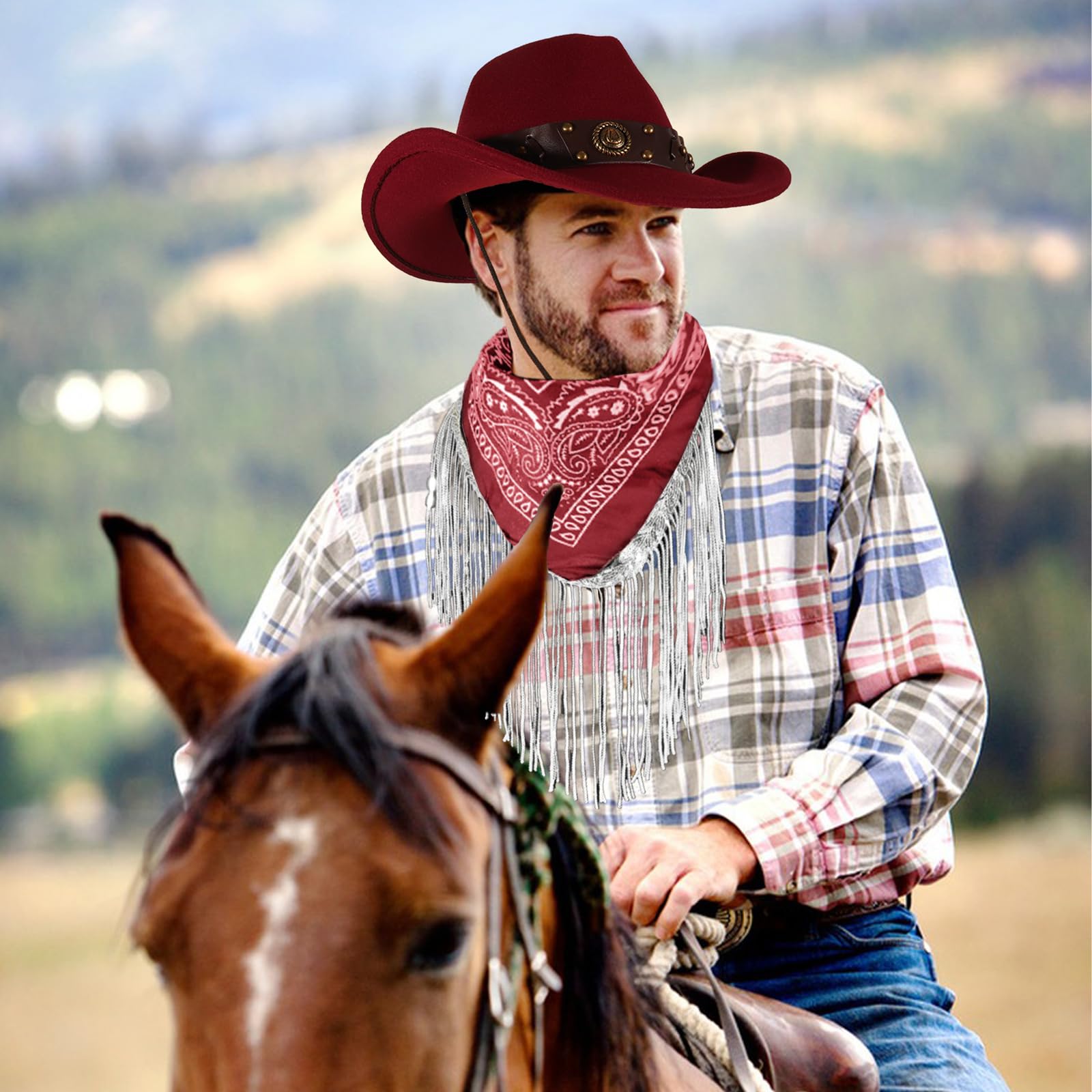 Ibeauti Cowboy Hat with Fringed Bandana Set for Women Wide Brim Western Cowgirl Hat Paisley Head Wrap Scarf (Drawstring-Wine)