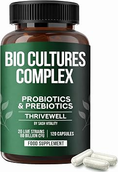 Bio Cultures Complex | Probiotics & Prebiotics | 80 Billion CFU | 20 Strains incl. Lactobacillus Reuteri, Rhamnosus, Acidophilus, and Longum | 2 Months Supply | 120 Vegan Capsules | UK Made