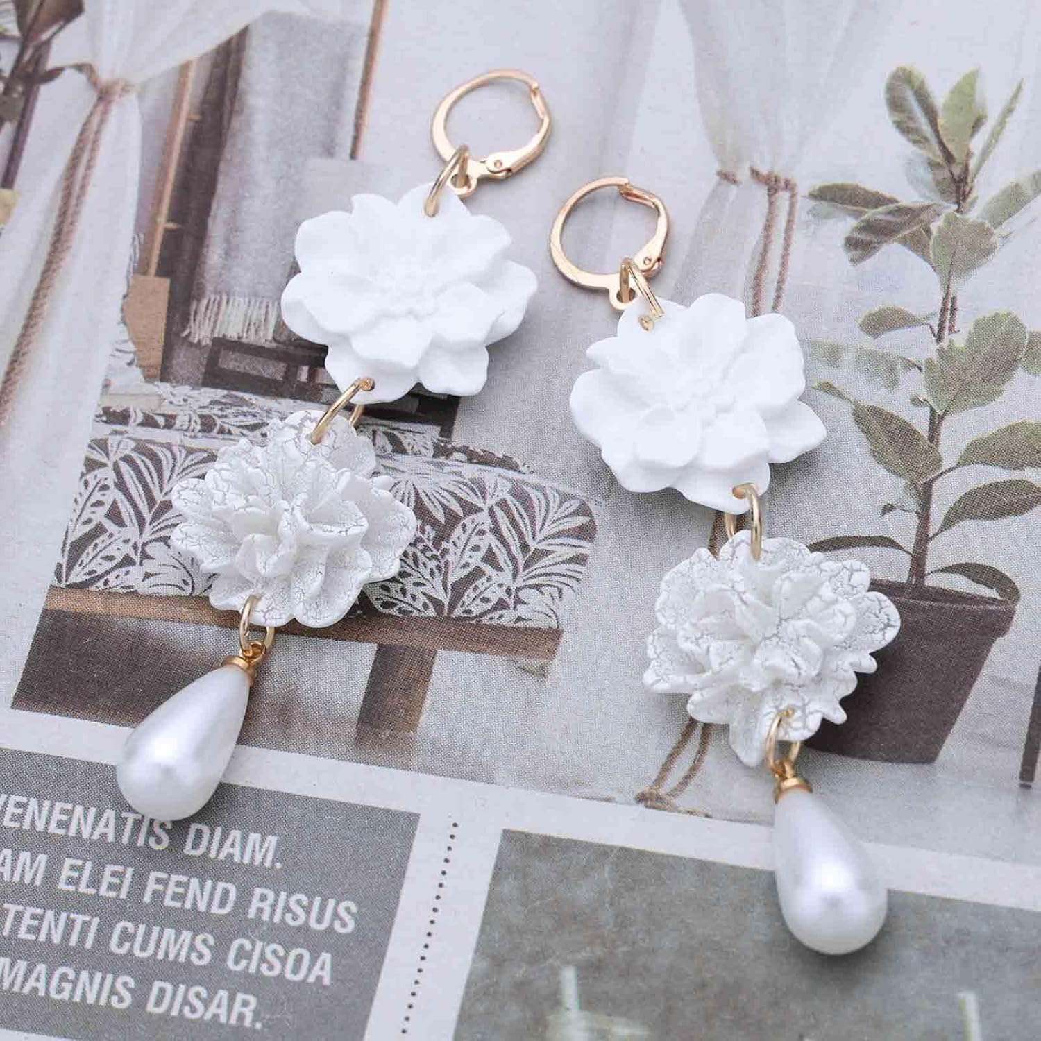 Andelaisi Boho Camellia Flower Earrings Vintage Waterdrop Pearl Dangle Earrings White Flower Drop Earrings Long Flower Petal Hoop Earrings Jewelry for Women - Image 4