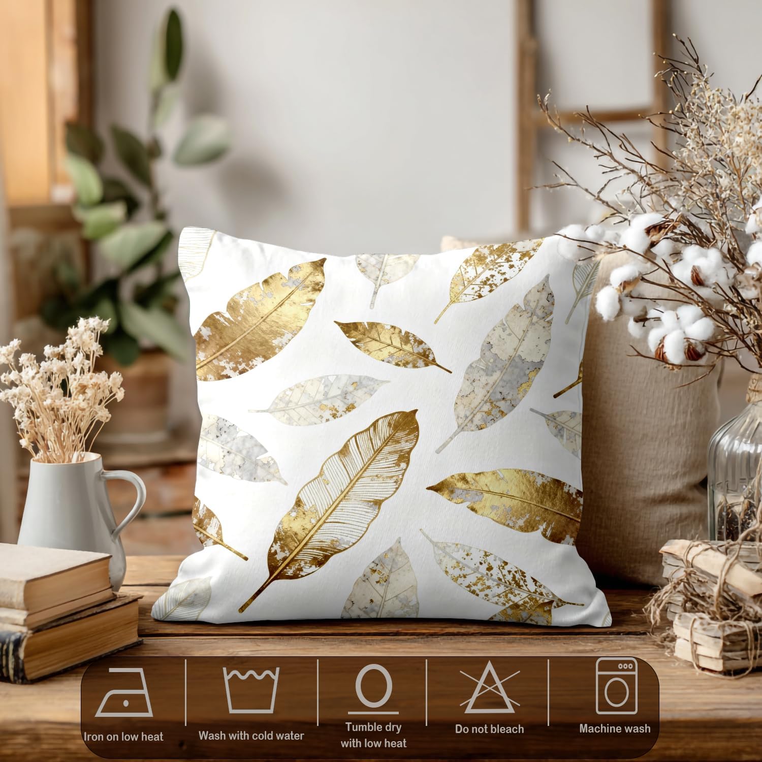 Batmerry Leaf Geometric Coffee Throw Pillow Covers, New Living Series Decorative Pillow Covers Digital Printing Blended Fabric for Couch Sofa Bed Invisible Zipper 18X18 in(Set of 4)