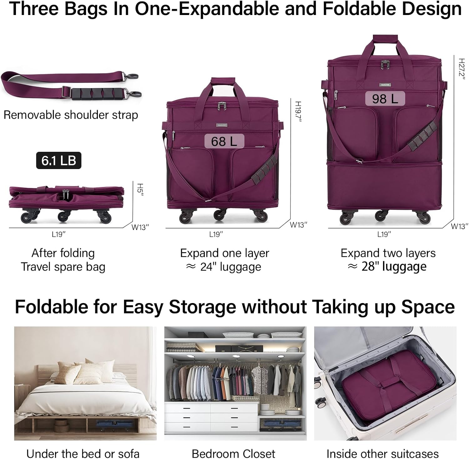 Hanke Expandable Large Suitcase 4 Wheels Lightweight Collapsible,Foldable Suitcases &Travel Bags Hand Luggage Extend 20/24/28 inch Suitcases Duffel Bag Without Telescopic Handle for Men & Women - Image 2