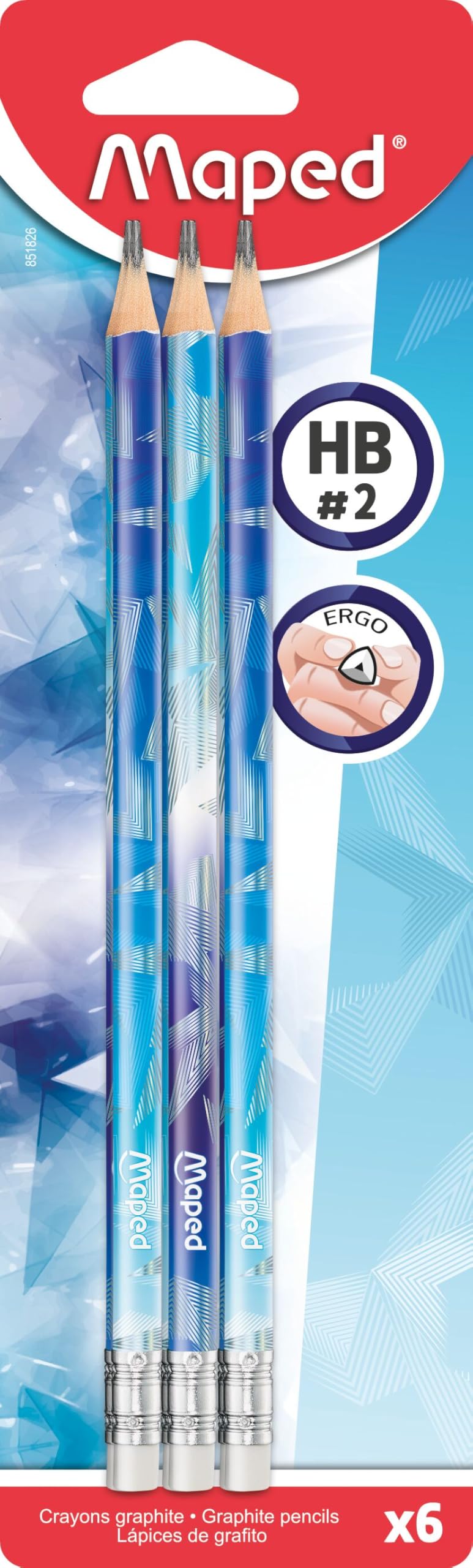 Maped - 6 Arctic Vibes HB Graphites with Eraser - Triangular Shaped Pencils - Durable and Easy to Sharpen Lead