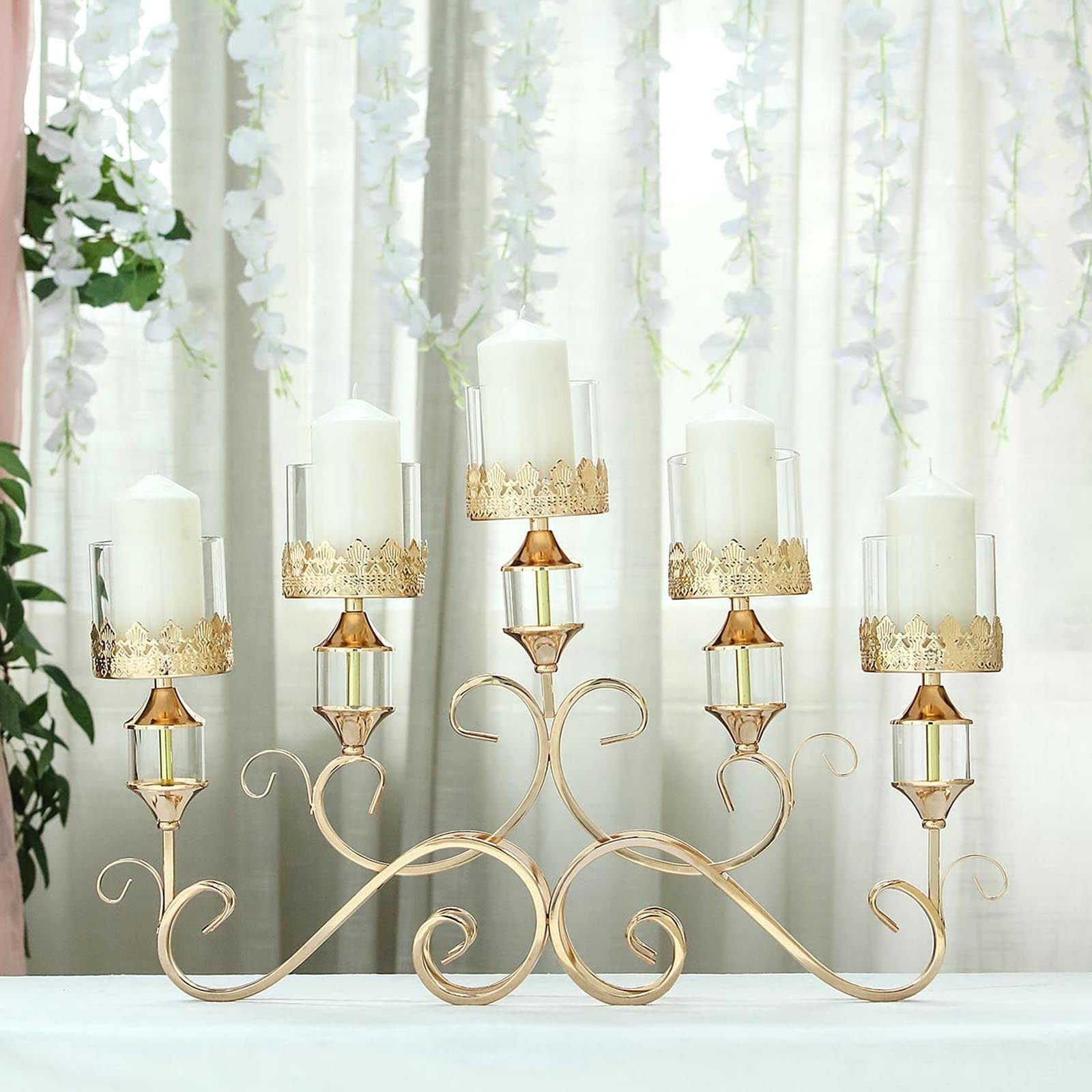 TABLECLOTHSFACTORY 18” Tall 5 Arm Gold Metal Candelabra Centerpiece Crown Top Table Standing Hurricane Candle Holders with Glass Tube