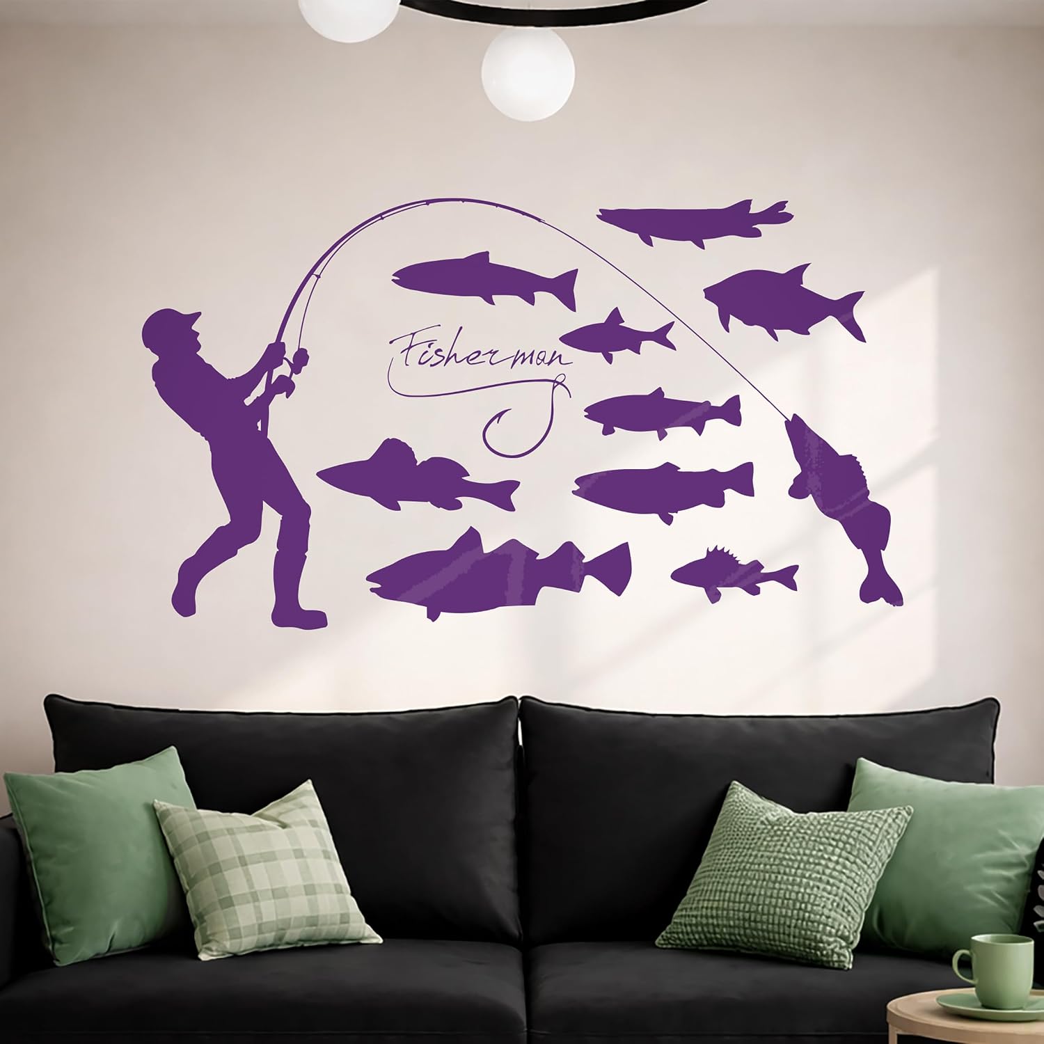 Large Vinyl Wall Decal Fisherman Fishing Hobby Fishes Stickers Mural Large Decor (ig4393) Black