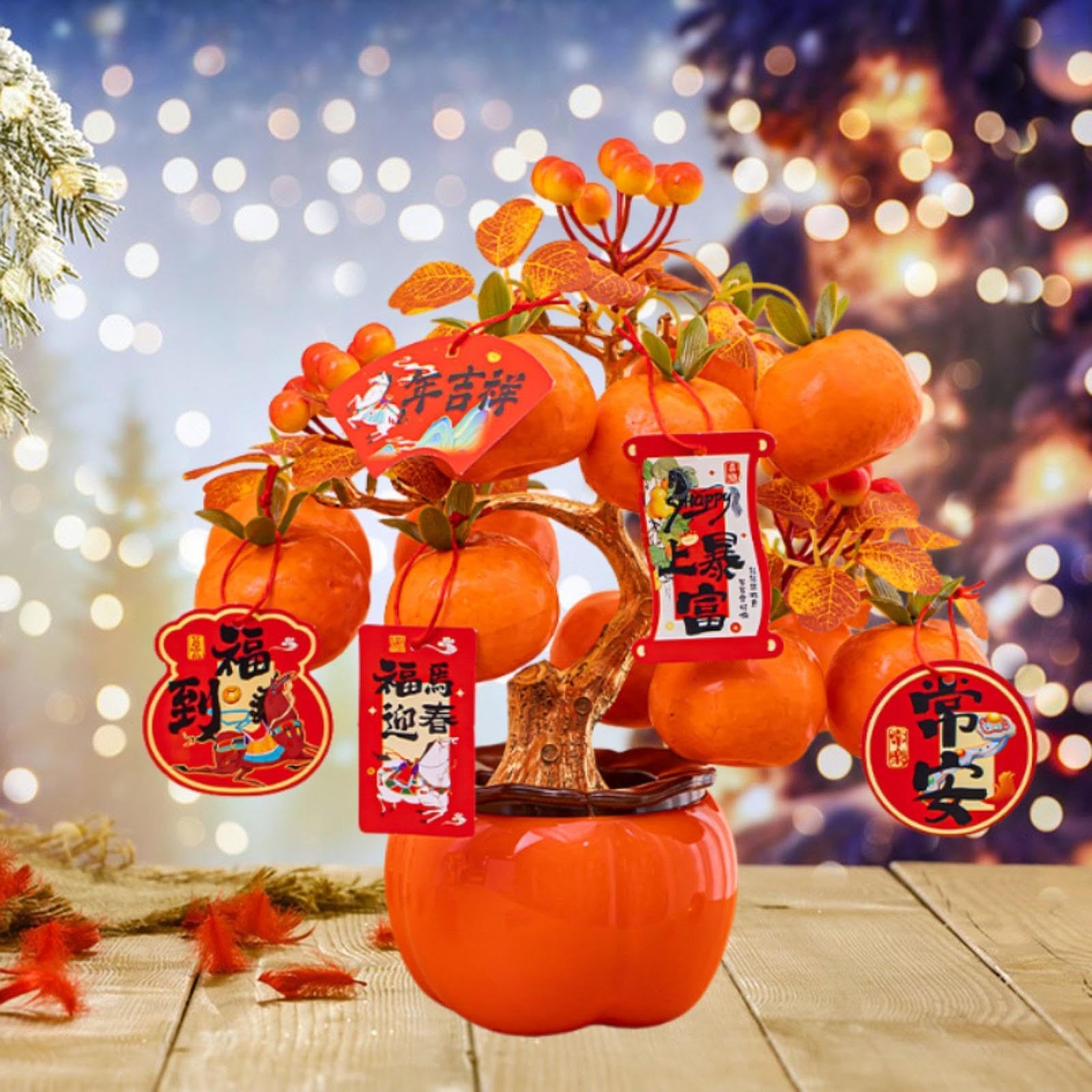 Ornamento da tavolo per il Capodanno cinese, Albero dei soldi della fortuna del Capodanno cinese 2026 Vaso di cachi simulato 27 cm x 28 cm Decorazione in resina espansa