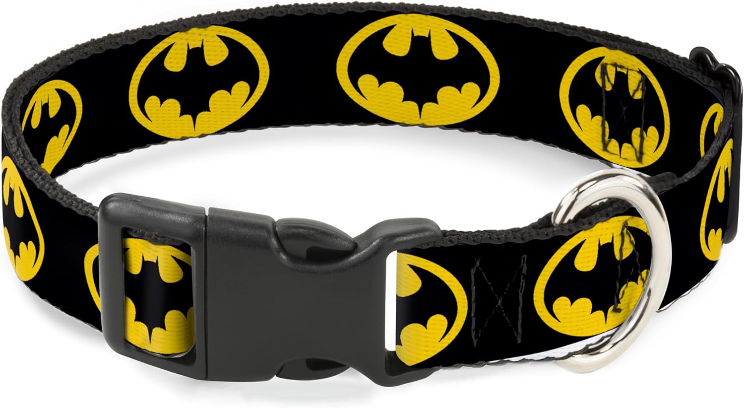 DC Comics Dog Collar with Plastic Buckle, Quick Release, Easy Adjustable, Batman 1989 Logo Black Yellow, 16 to 23 Inches 1.5 Inch Wide