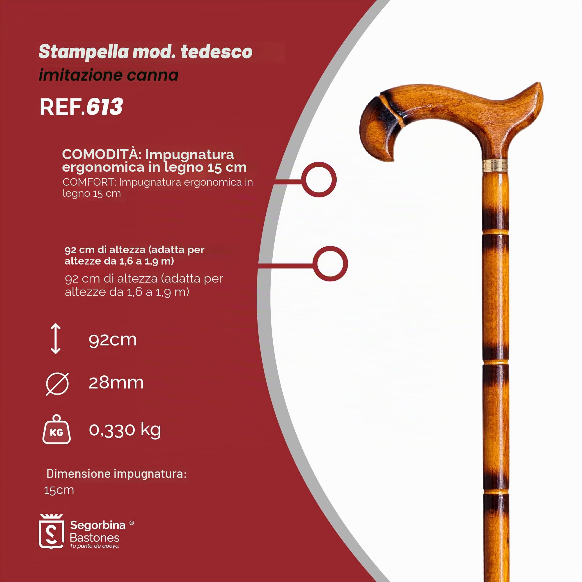 S & B Bastone di supporto realizzato in legno, decorato con strisce 92 cm, molto resistente (613) bastone Caminar Anziani, Anziani, Marrone