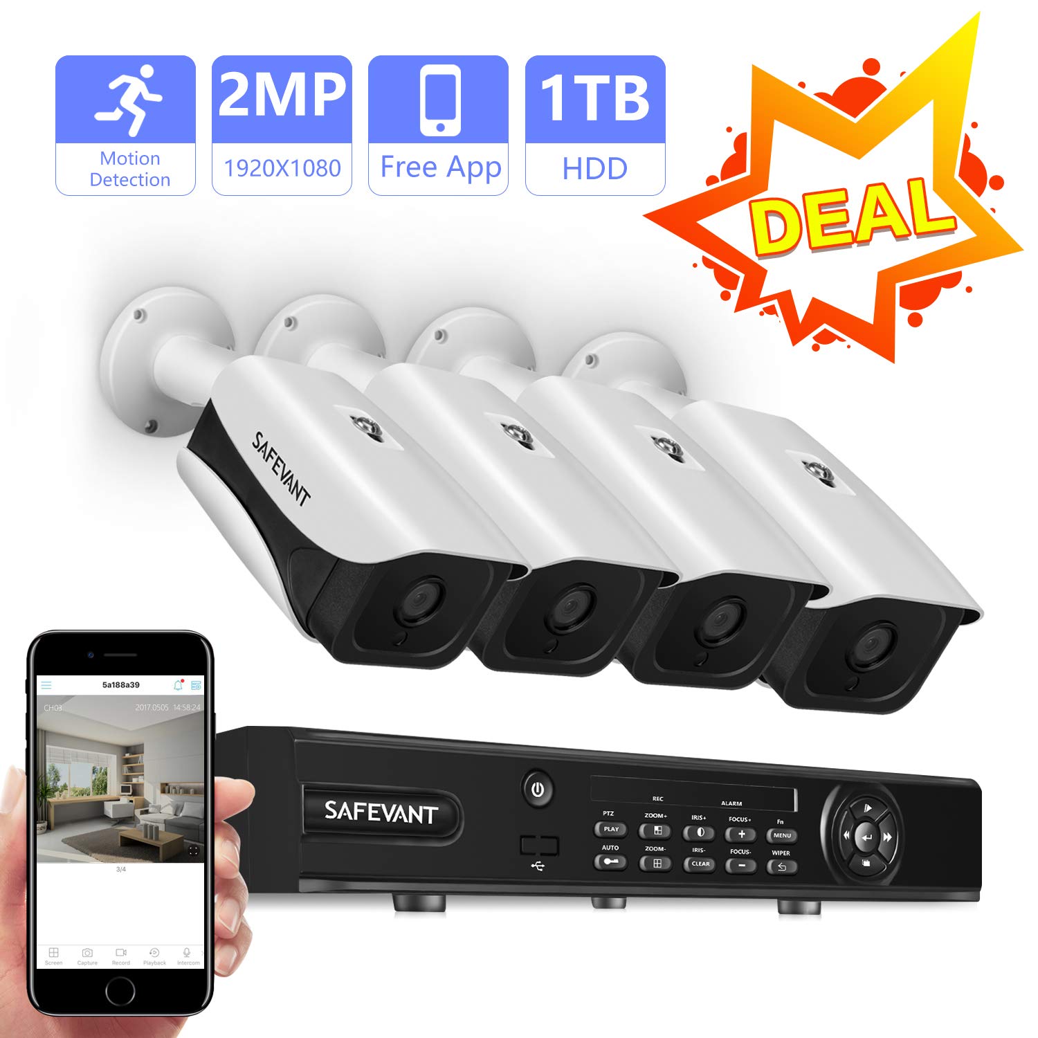 【2018 Updated】 Security Camera System, Safevant 4Ch 2Mp Dvr Home System